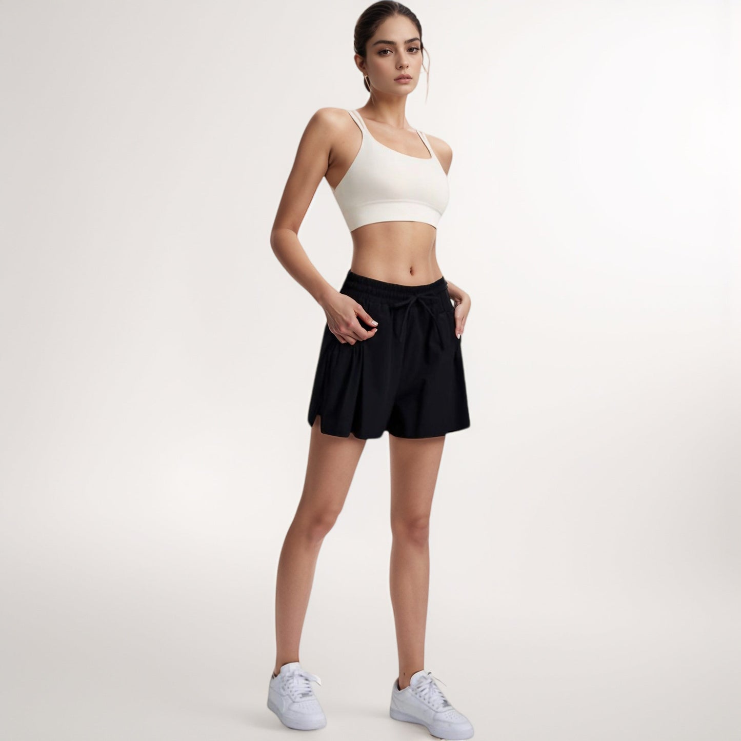 High Waist Active Shorts with Drawstring Waistband Pleated Side Pockets and Relaxed Fit