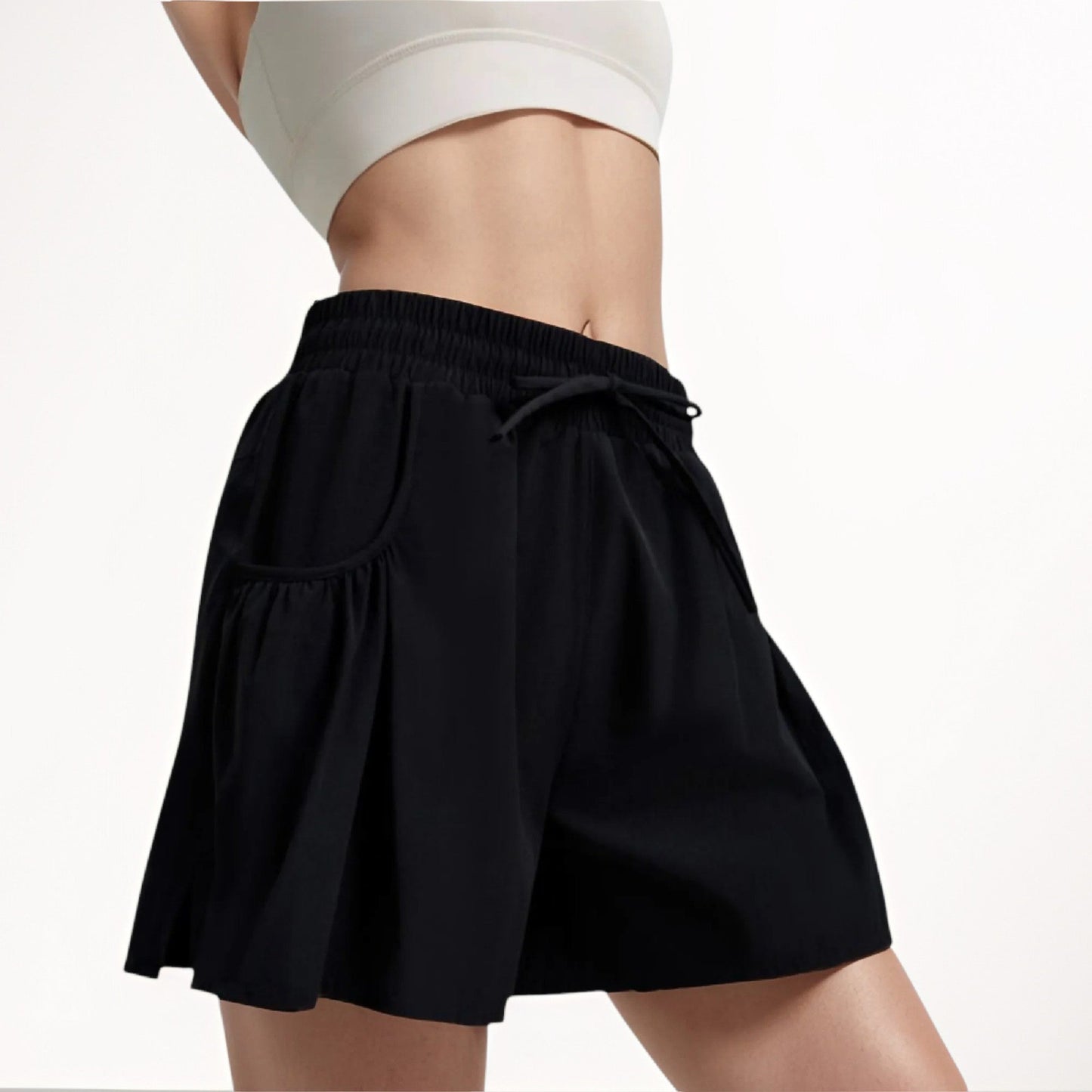 High Waist Active Shorts with Drawstring Waistband Pleated Side Pockets and Relaxed Fit