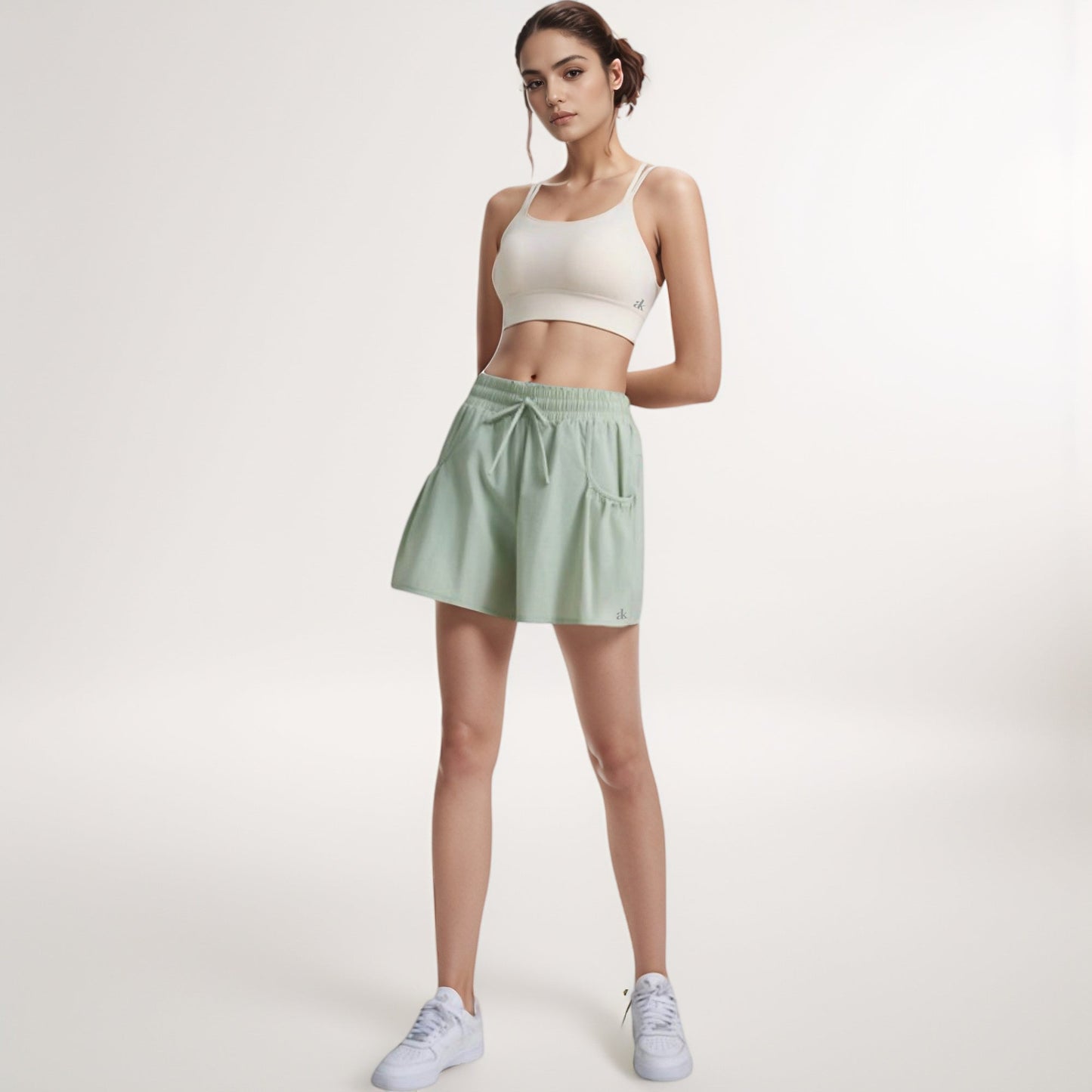 High Waist Active Shorts with Drawstring Waistband Pleated Side Pockets and Relaxed Fit