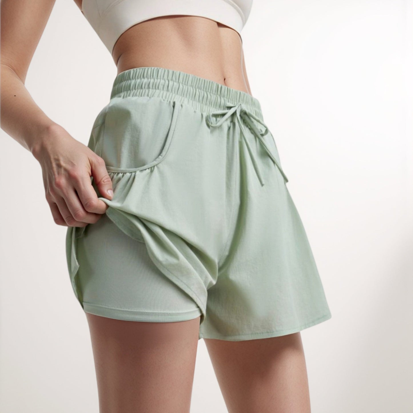 High Waist Active Shorts with Drawstring Waistband Pleated Side Pockets and Relaxed Fit