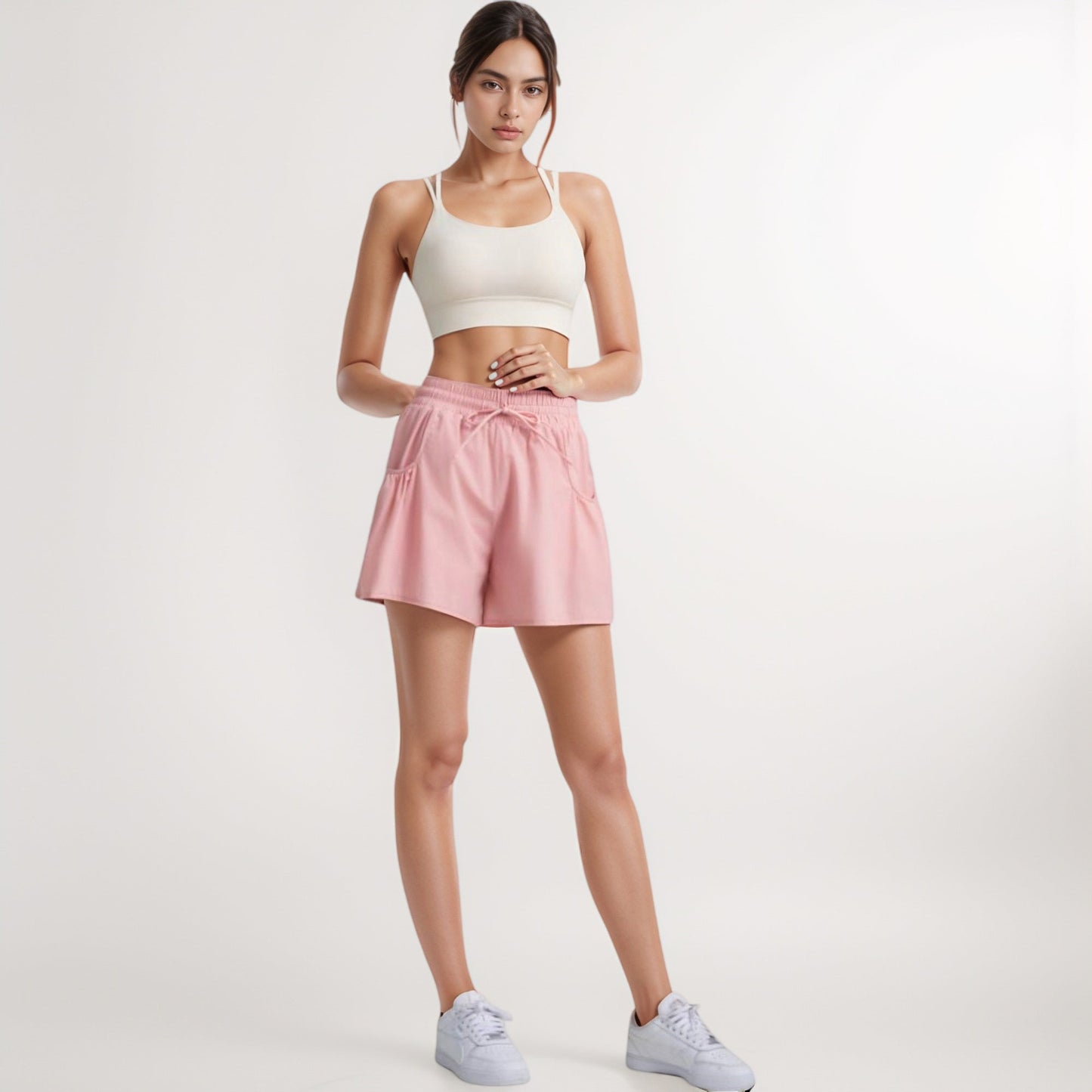 High Waist Active Shorts with Drawstring Waistband Pleated Side Pockets and Relaxed Fit