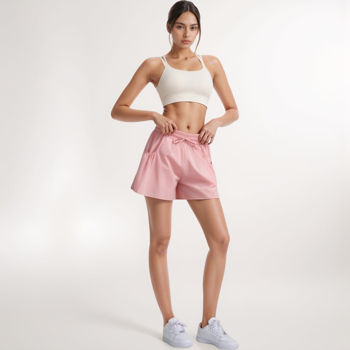 High Waist Active Shorts with Drawstring Waistband Pleated Side Pockets and Relaxed Fit