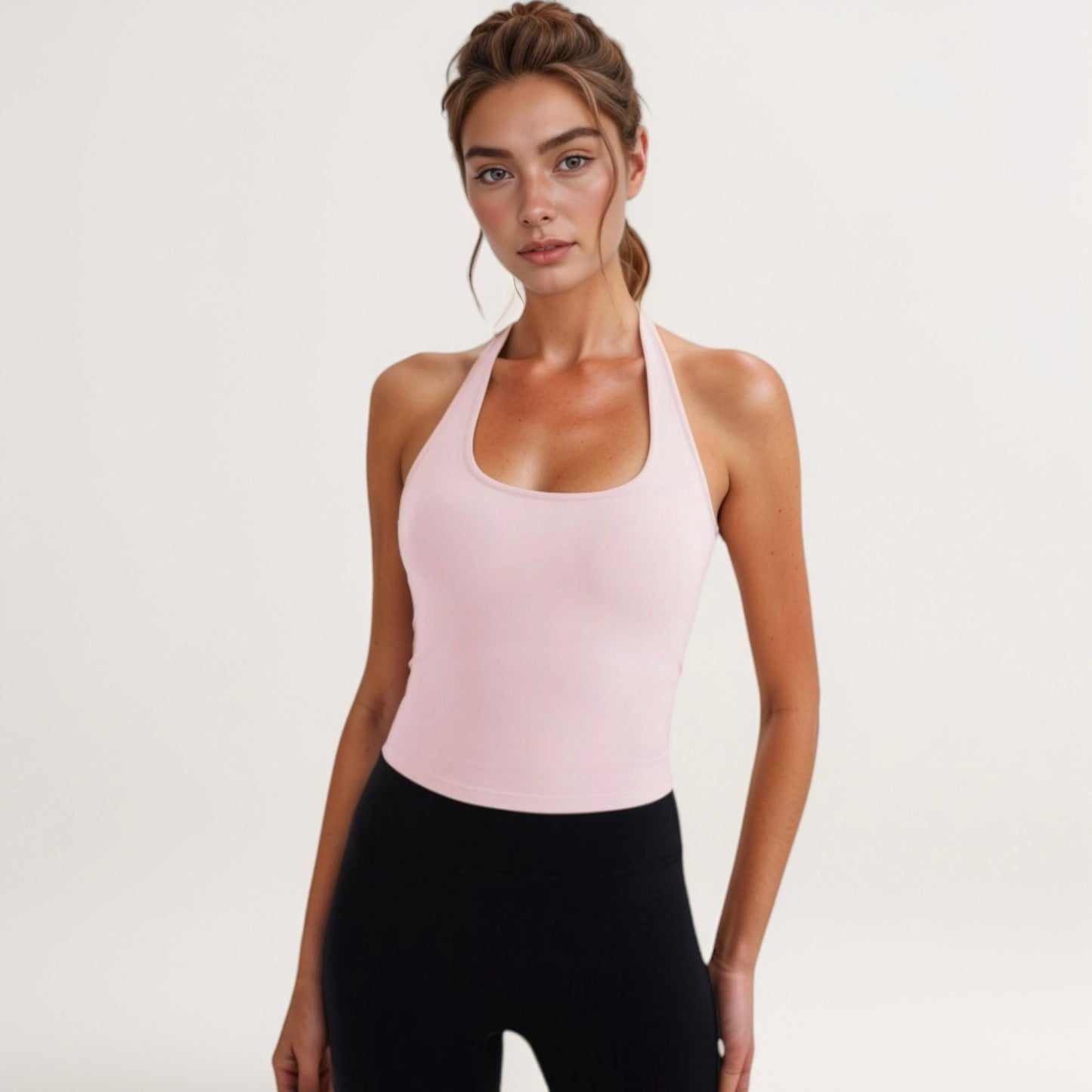 Women's Halter Neck Cropped Tank Top with Built-In Bra and Stretch Fabric for Workout or Casual Wear