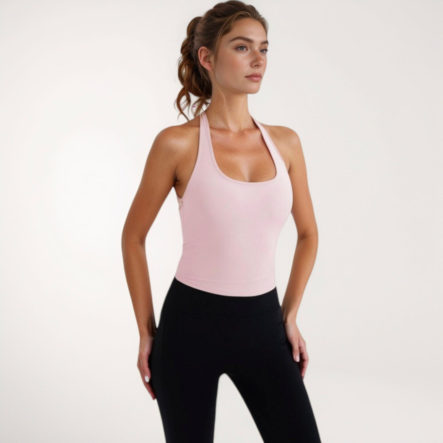 Women's Halter Neck Cropped Tank Top with Built-In Bra and Stretch Fabric for Workout or Casual Wear