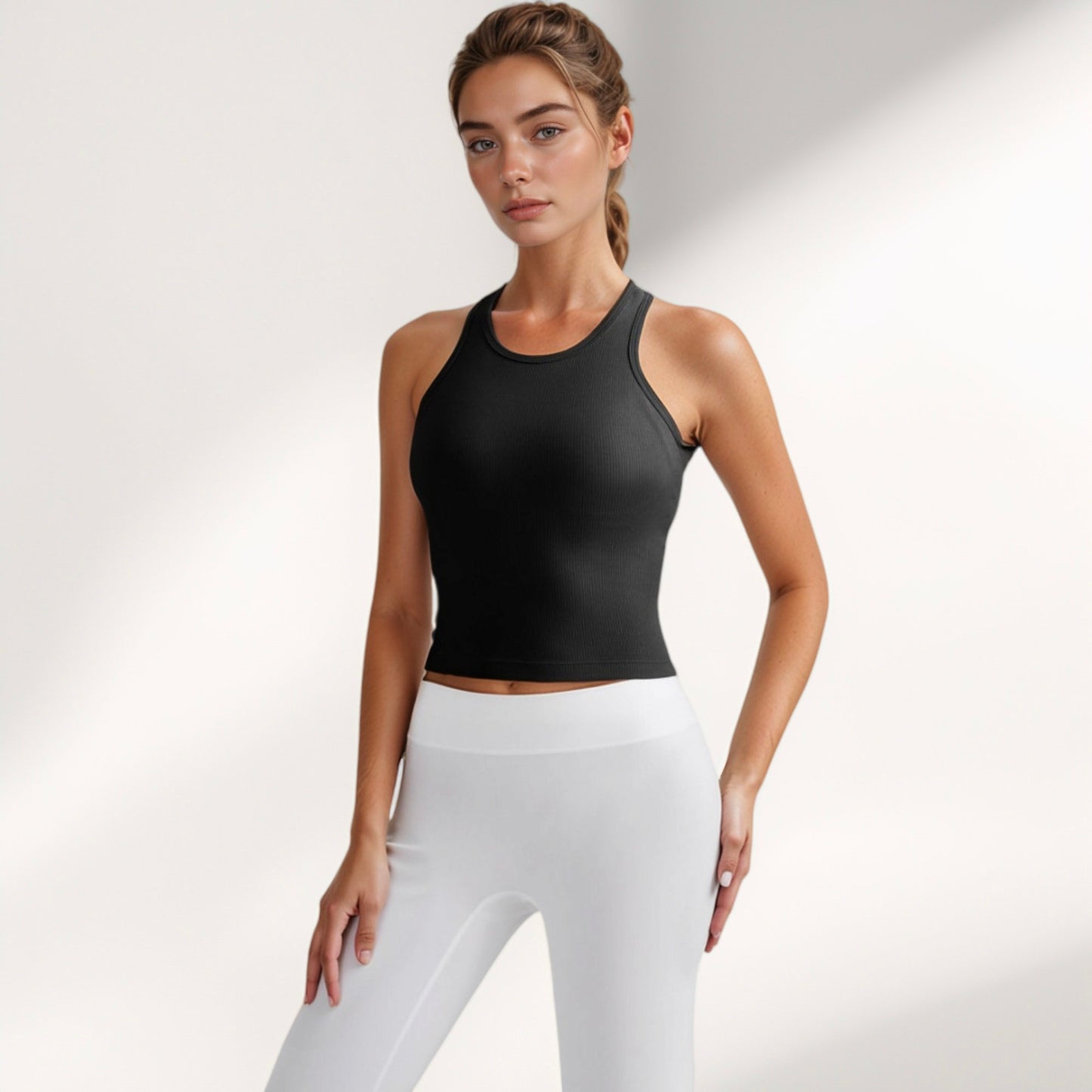 Women's Ribbed Black High Neck Crop Tank Top for Active and Casual Wear