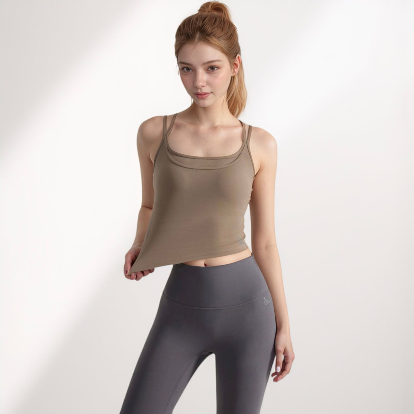 Women's Longline Sports Bra with Double Spaghetti Straps and Layered Scoop Neck for Low Impact Workouts