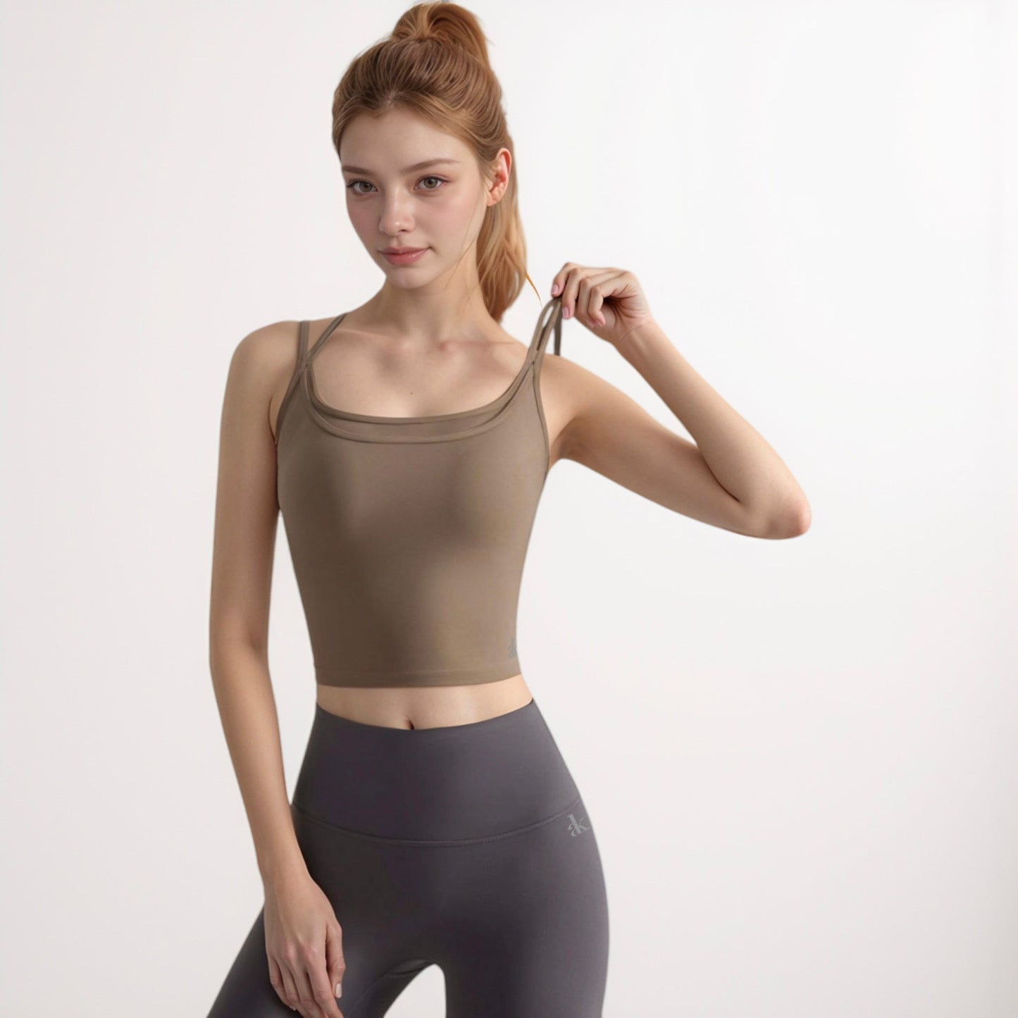Women's Longline Sports Bra with Double Spaghetti Straps and Layered Scoop Neck for Low Impact Workouts