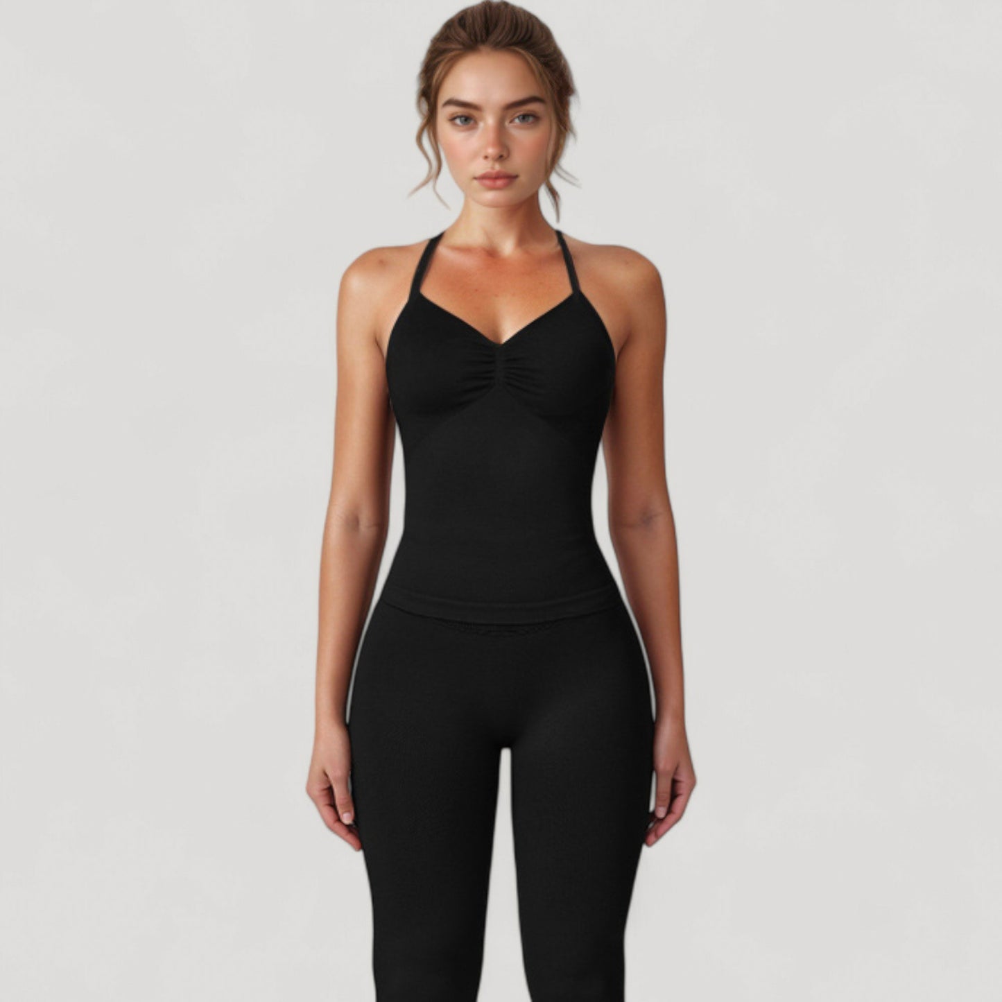Seamless Padded Cami Tank Top with Ruched Front Detail and Adjustable Halter Straps - Small, Gray