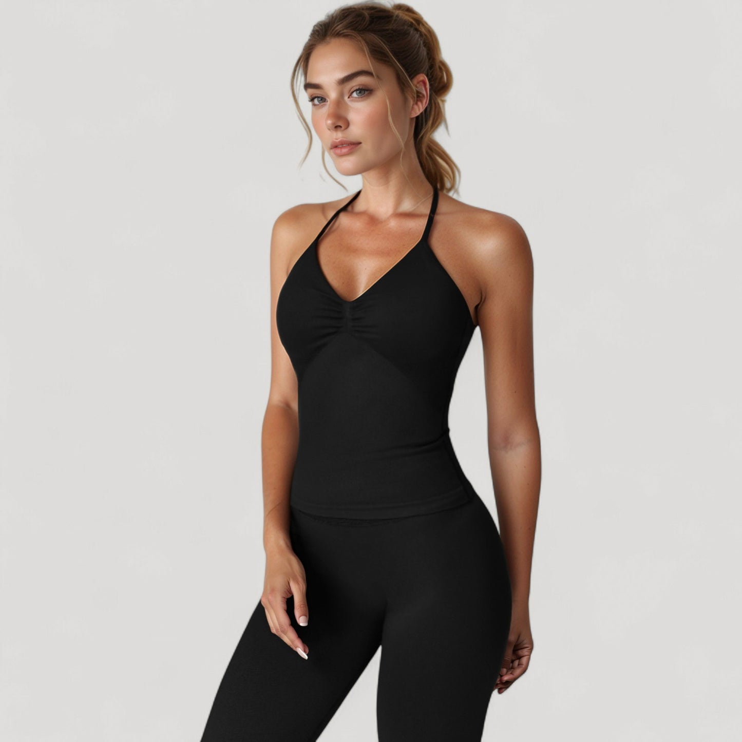 Seamless Padded Cami Tank Top with Ruched Front Detail and Adjustable Halter Straps - Small, Gray