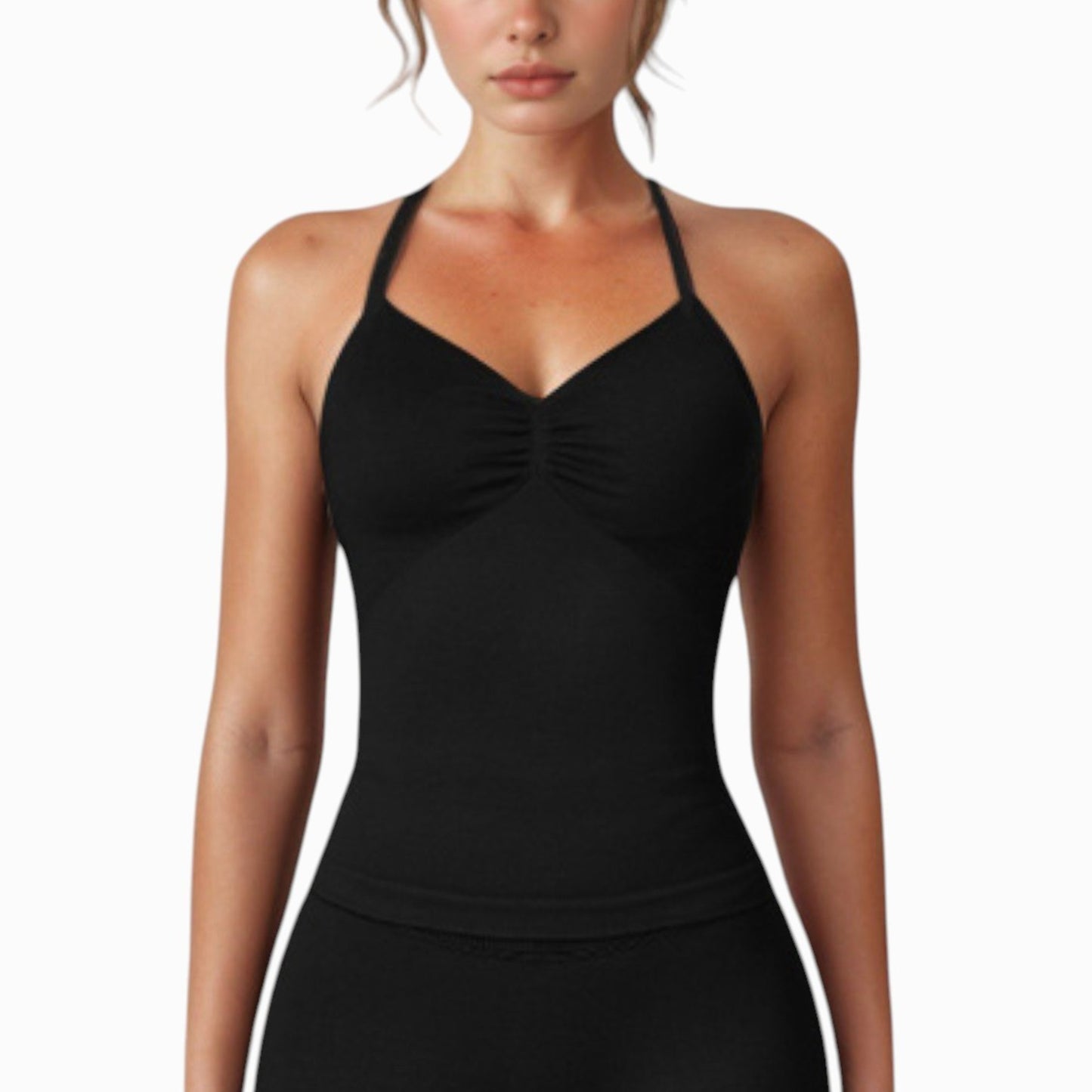 Seamless Padded Cami Tank Top with Ruched Front Detail and Adjustable Halter Straps - Small, Gray