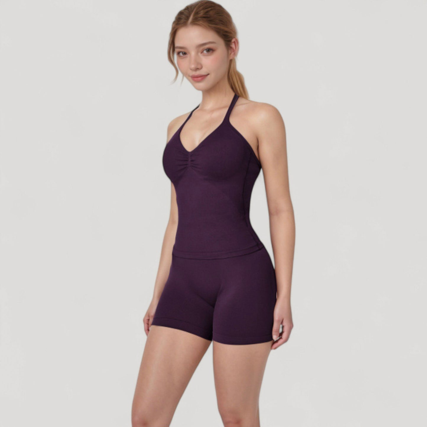 Seamless Padded Cami Tank Top with Ruched Front Detail and Adjustable Halter Straps - Small, Gray