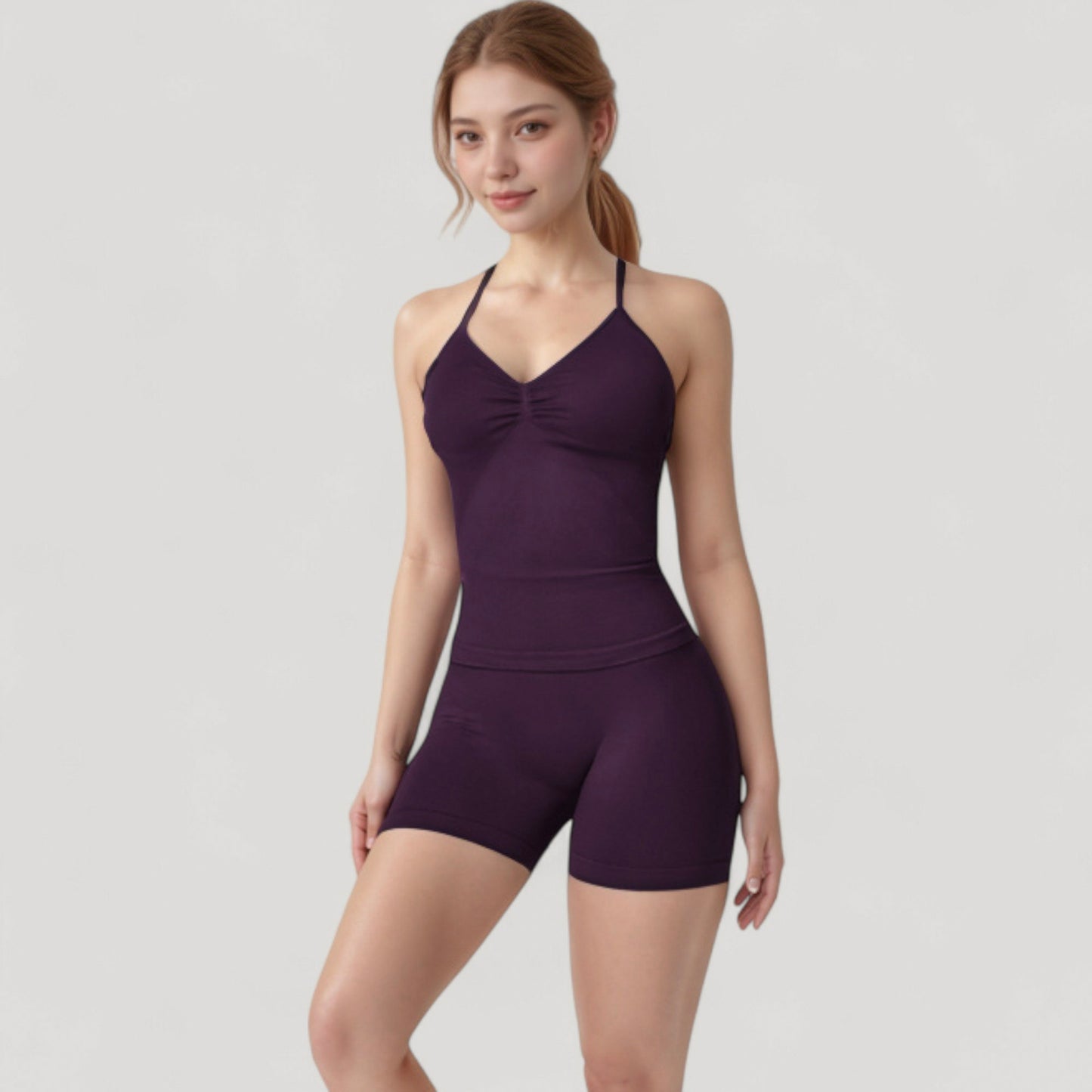 Seamless Padded Cami Tank Top with Ruched Front Detail and Adjustable Halter Straps - Small, Gray