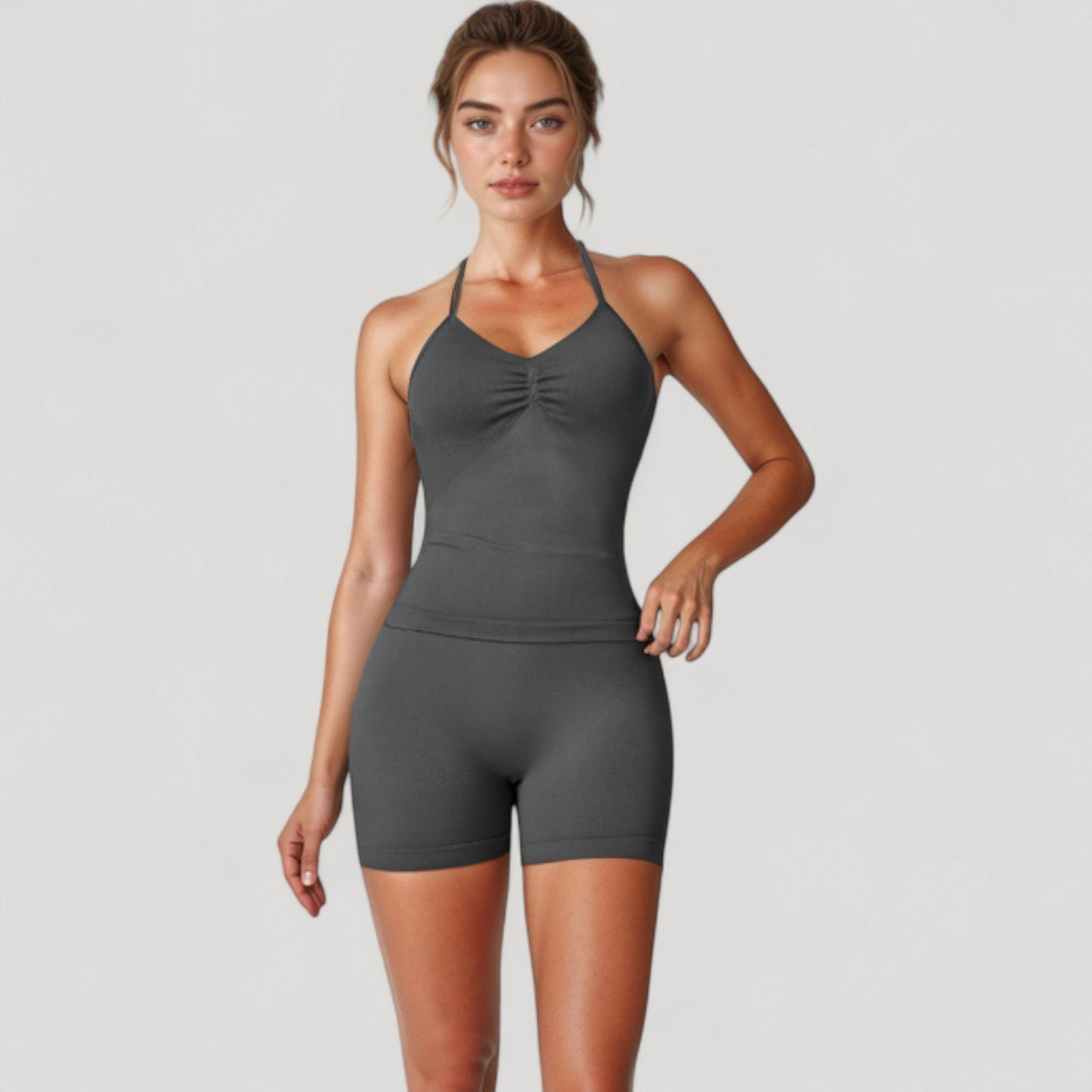 Seamless Padded Cami Tank Top with Ruched Front Detail and Adjustable Halter Straps - Small, Gray