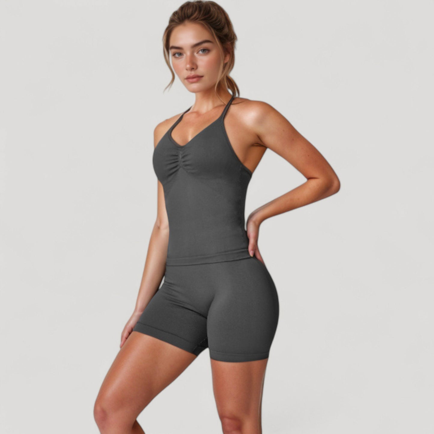 Seamless Padded Cami Tank Top with Ruched Front Detail and Adjustable Halter Straps - Small, Gray