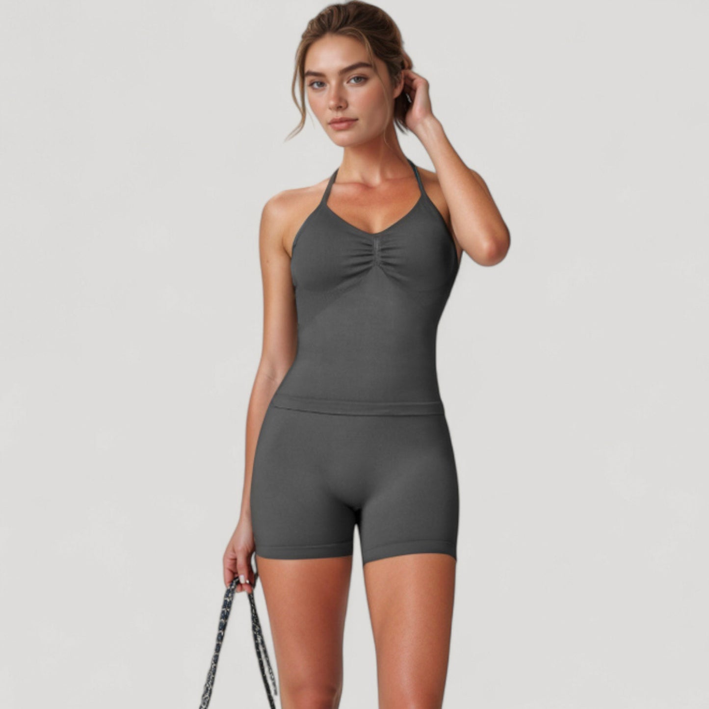 Seamless Padded Cami Tank Top with Ruched Front Detail and Adjustable Halter Straps - Small, Gray