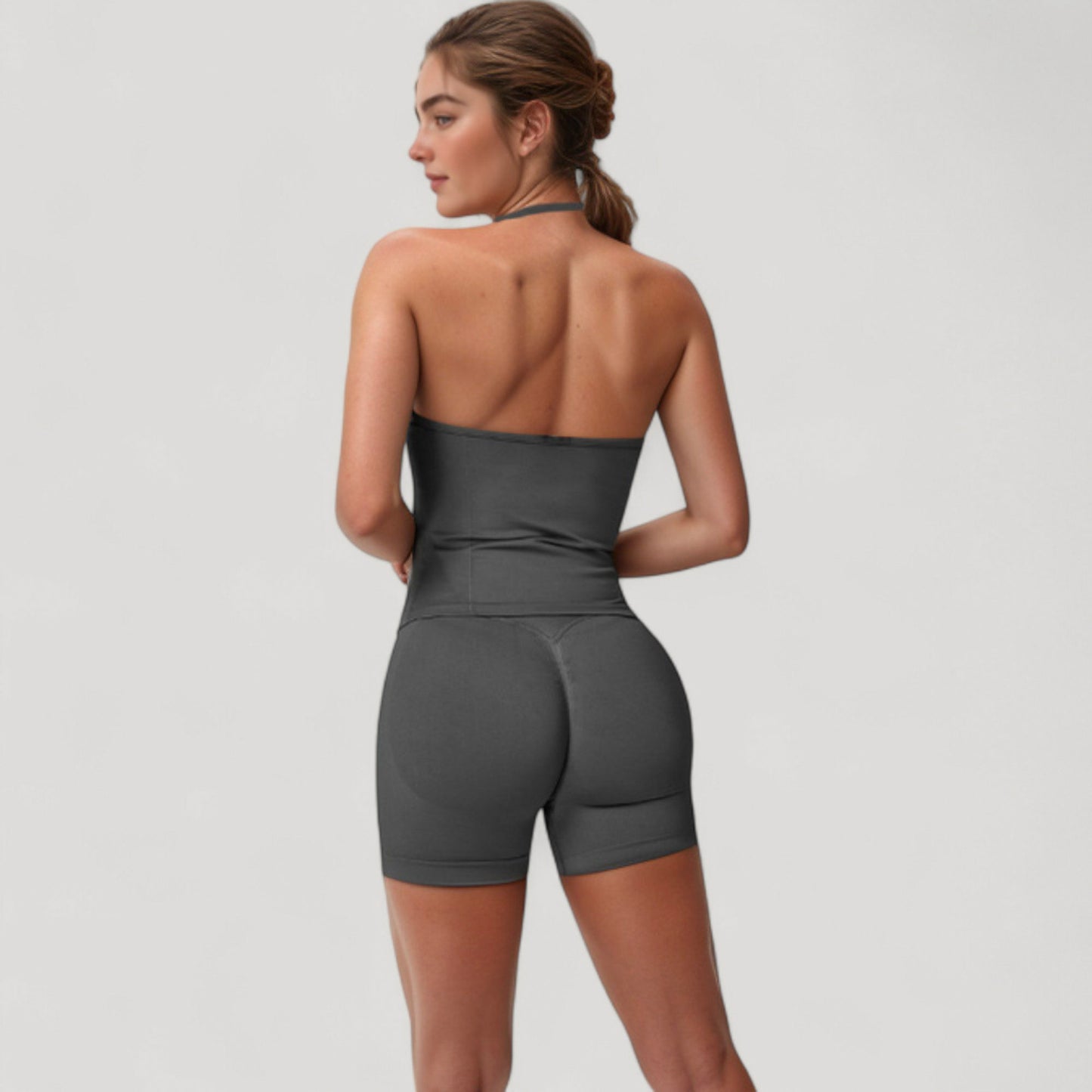 Seamless Padded Cami Tank Top with Ruched Front Detail and Adjustable Halter Straps - Small, Gray