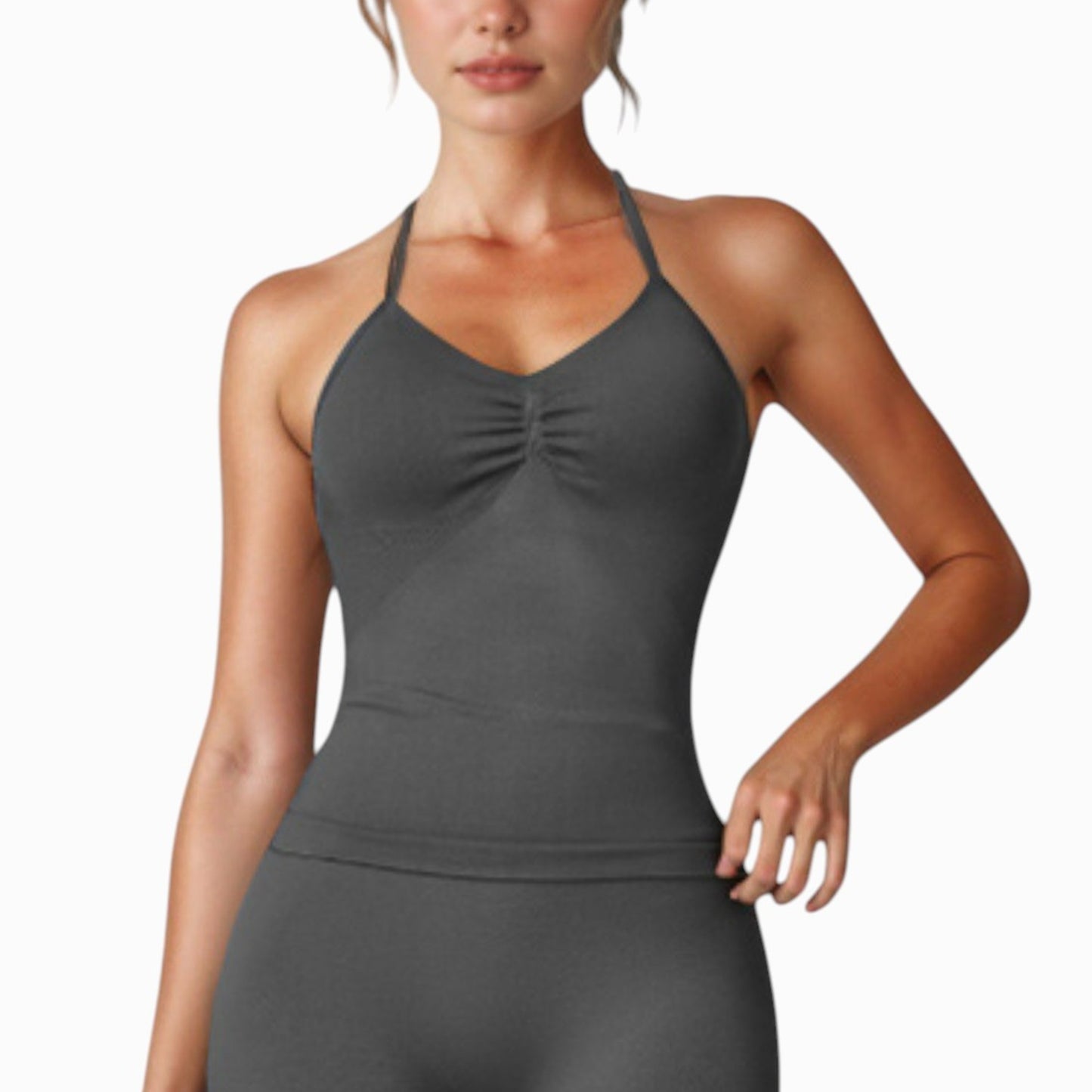 Seamless Padded Cami Tank Top with Ruched Front Detail and Adjustable Halter Straps - Small, Gray
