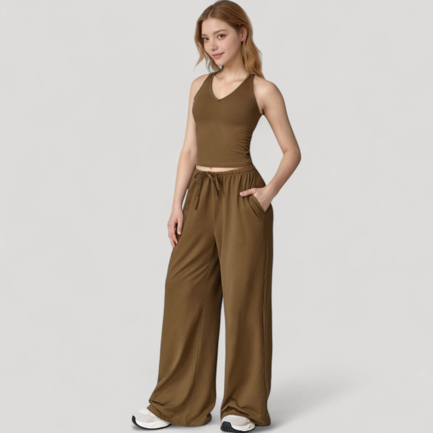 Cropped Active Tank Top with Built-In Bra and Racerback Design - Small, Brown