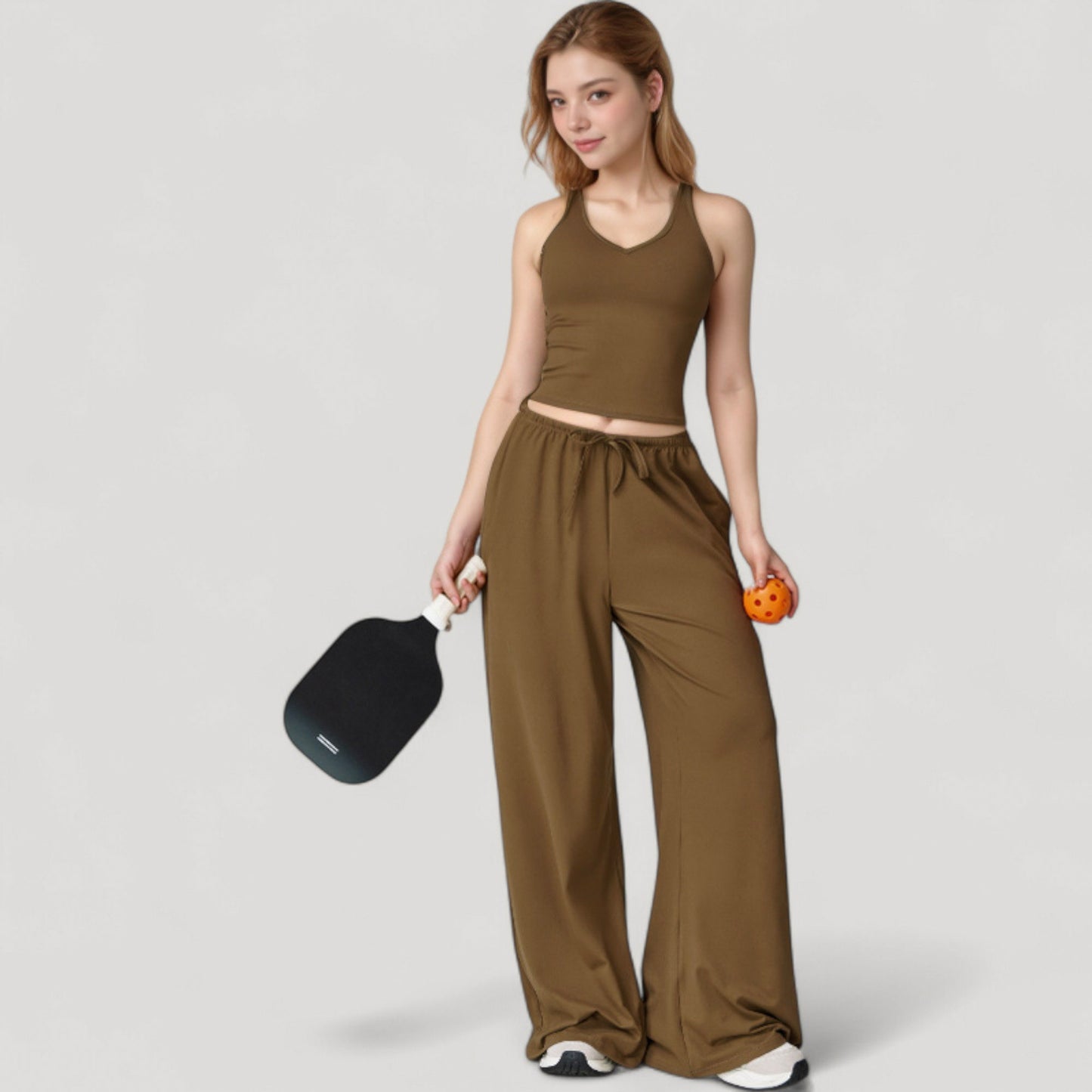Cropped Active Tank Top with Built-In Bra and Racerback Design - Small, Brown