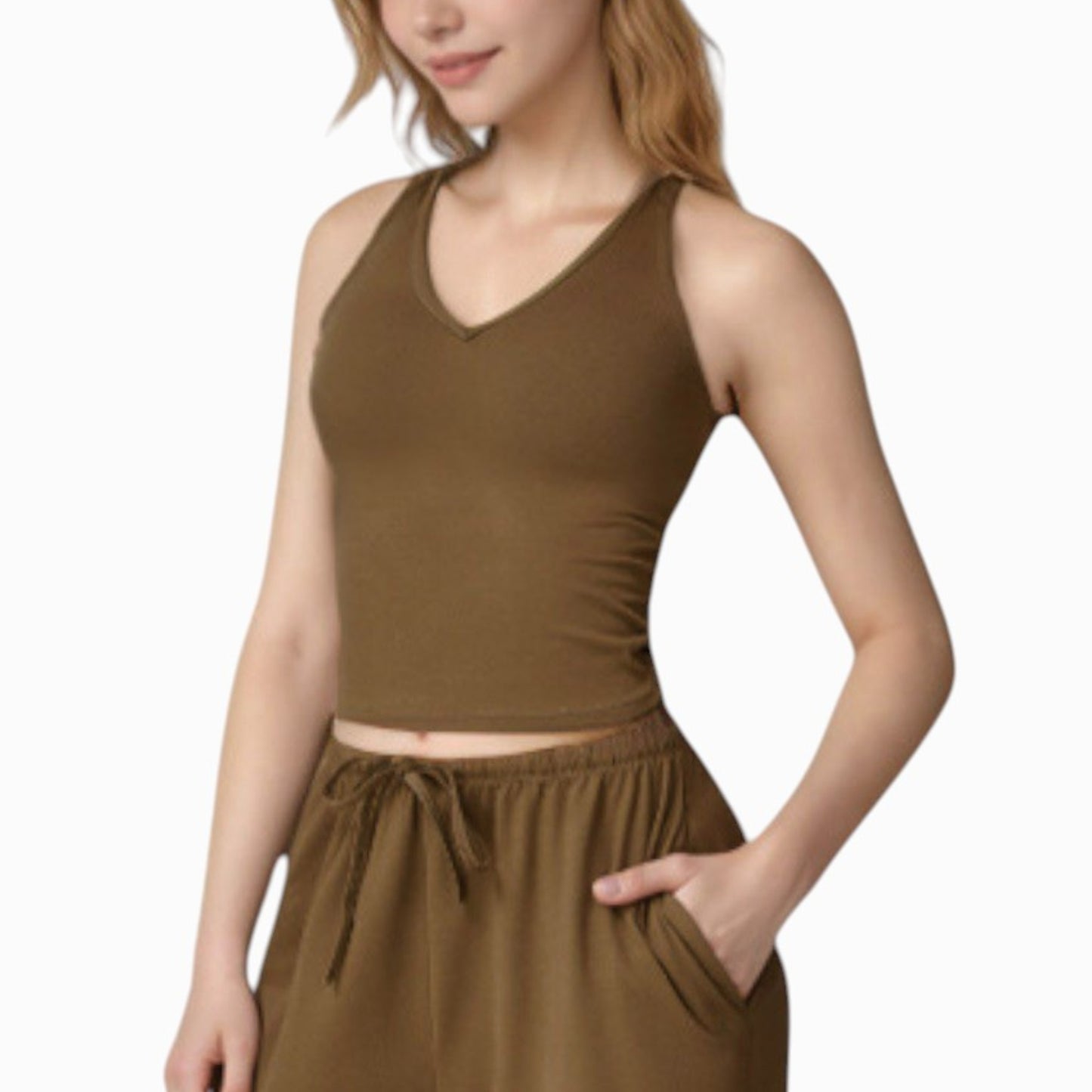 Cropped Active Tank Top with Built-In Bra and Racerback Design - Small, Brown