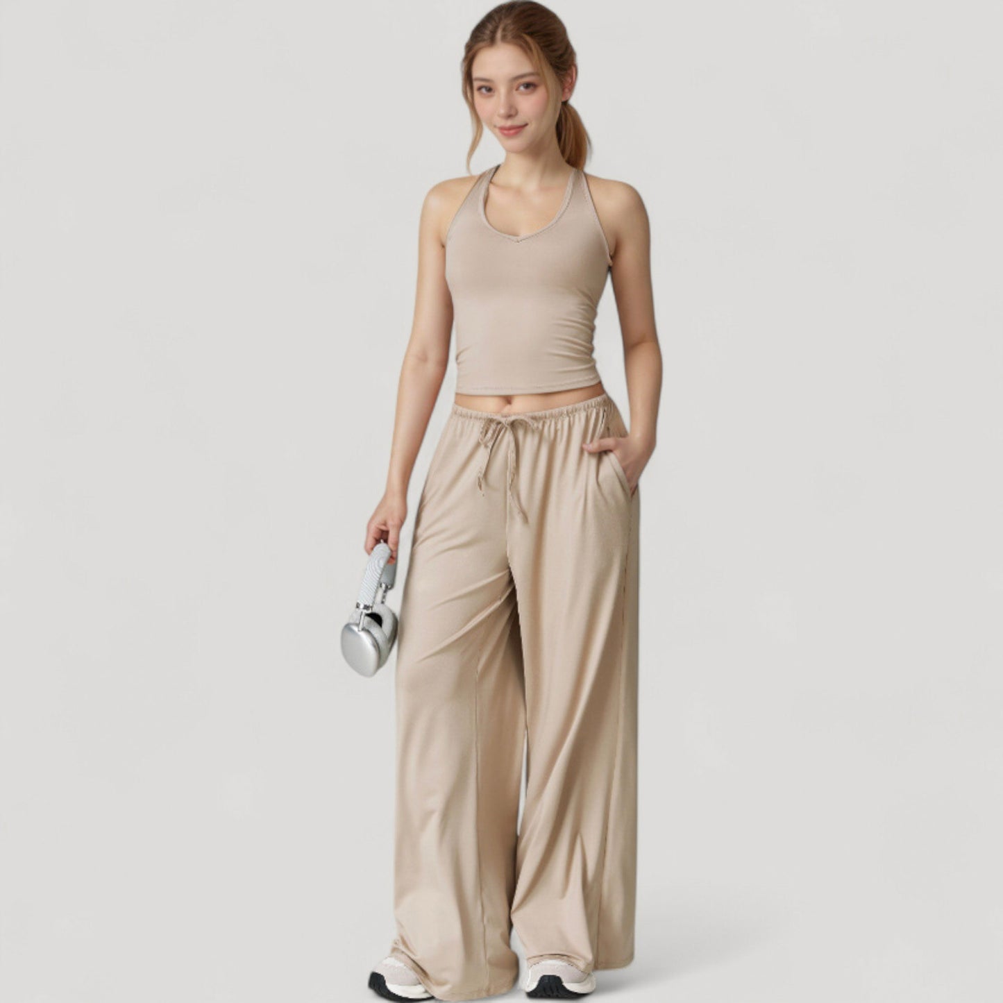 Cropped Active Tank Top with Built-In Bra and Racerback Design - Small, Brown
