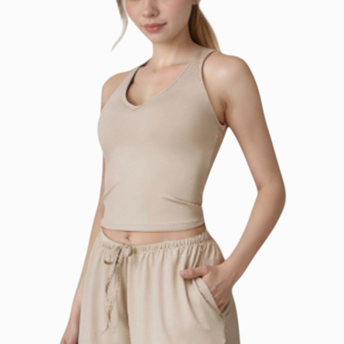 Cropped Active Tank Top with Built-In Bra and Racerback Design - Small, Brown