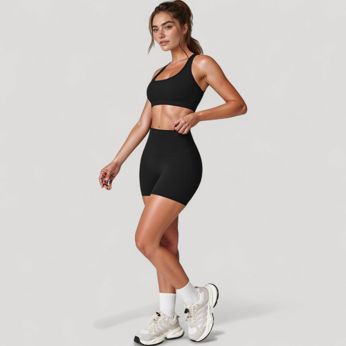 High Neck Sports Bra with Minimalist T-Back Strap Design and Smooth Stretch Compression Fit