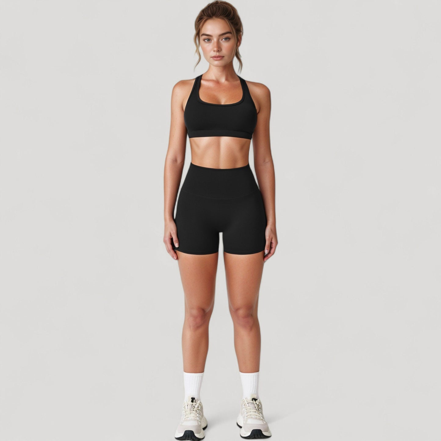 High Neck Sports Bra with Minimalist T-Back Strap Design and Smooth Stretch Compression Fit