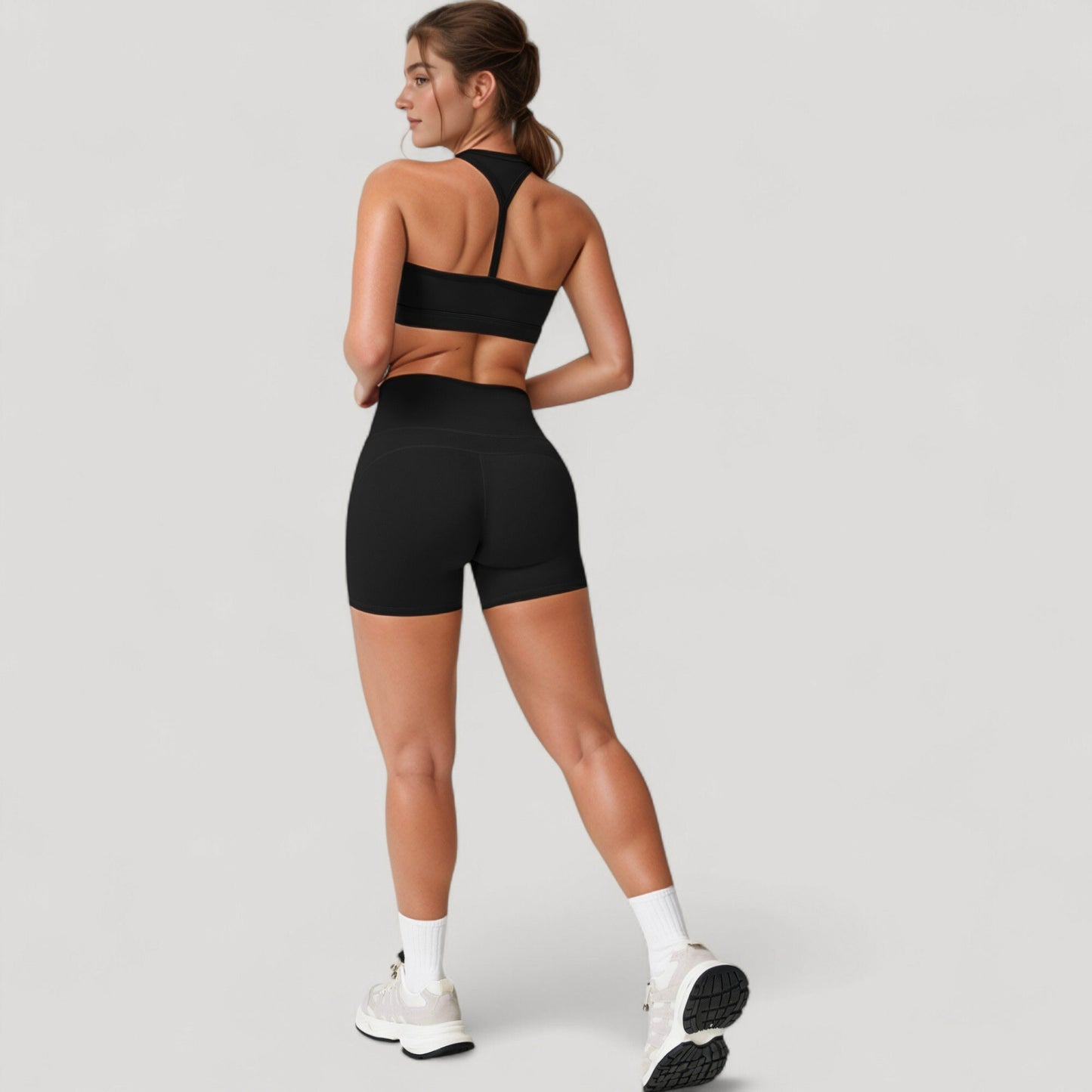 High Neck Sports Bra with Minimalist T-Back Strap Design and Smooth Stretch Compression Fit