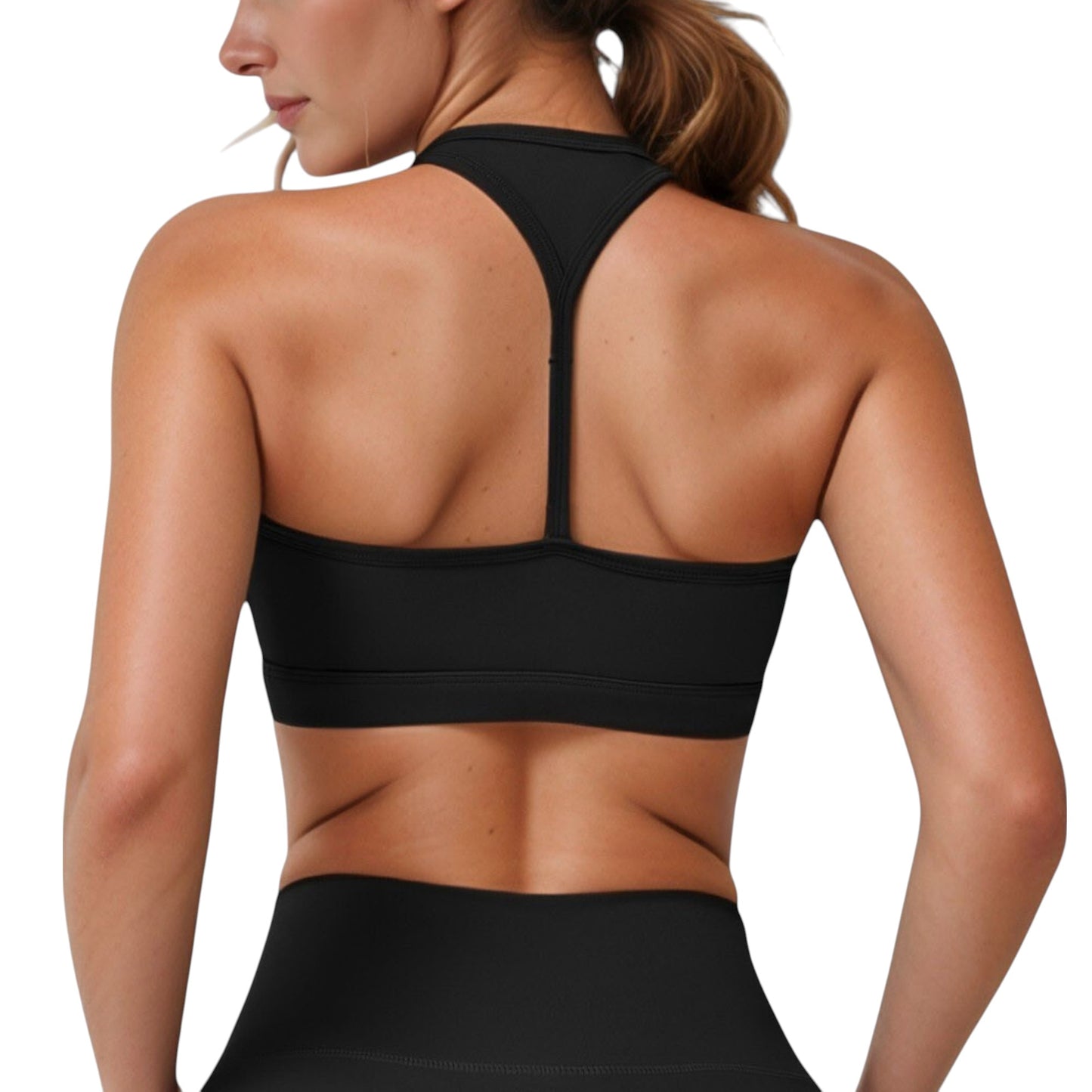 High Neck Sports Bra with Minimalist T-Back Strap Design and Smooth Stretch Compression Fit