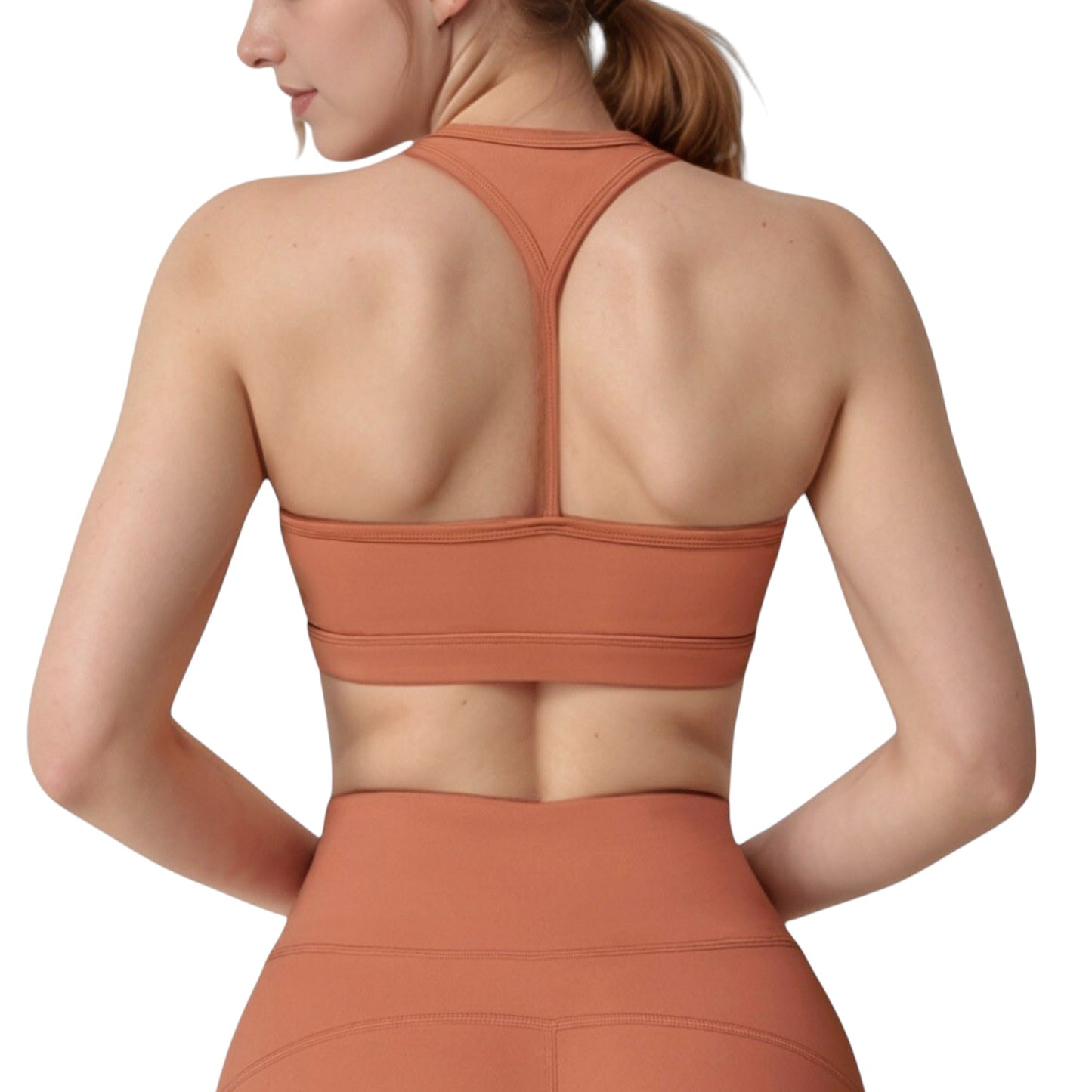 High Neck Sports Bra with Minimalist T-Back Strap Design and Smooth Stretch Compression Fit