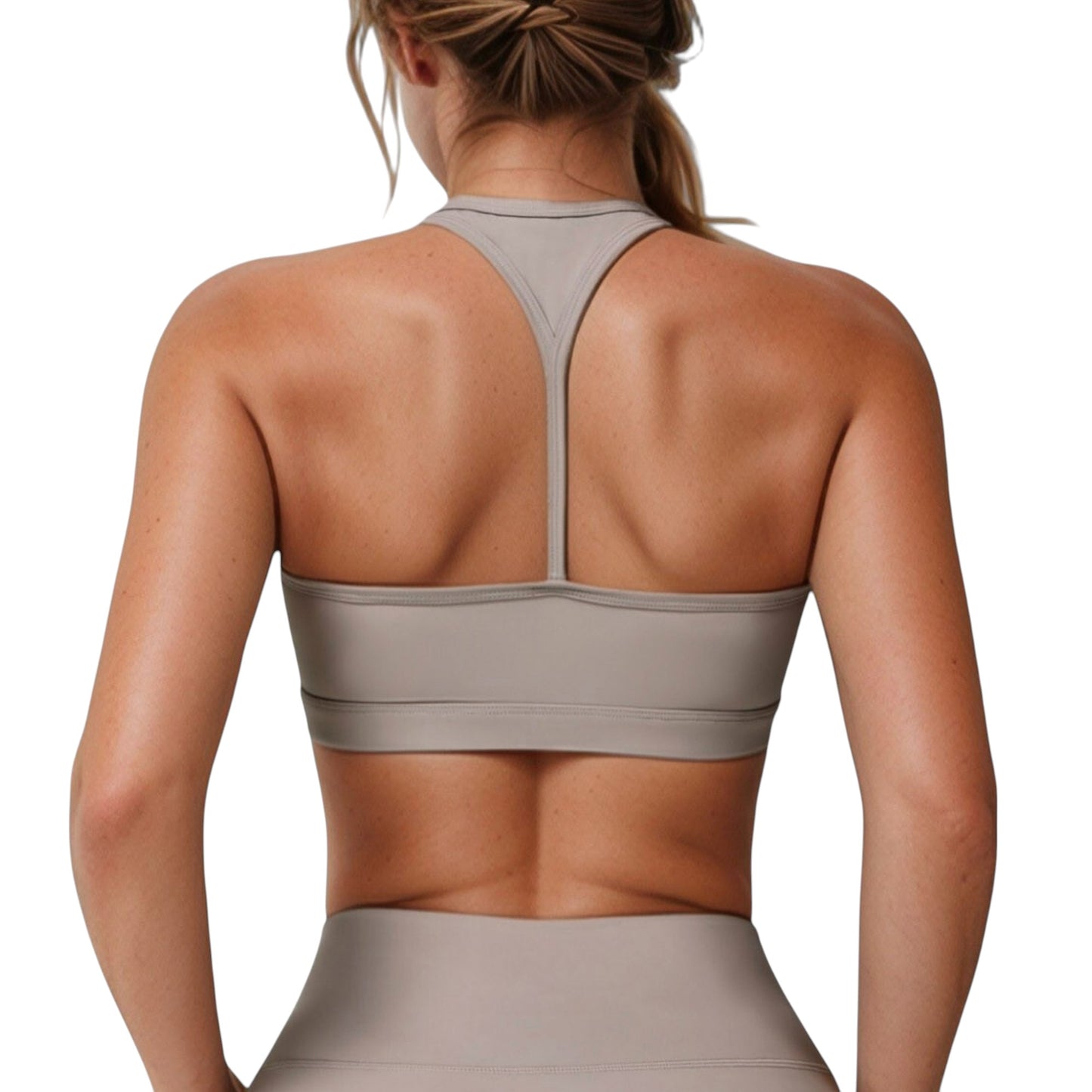 High Neck Sports Bra with Minimalist T-Back Strap Design and Smooth Stretch Compression Fit