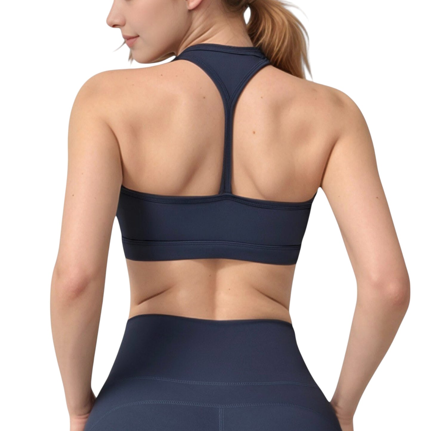High Neck Sports Bra with Minimalist T-Back Strap Design and Smooth Stretch Compression Fit