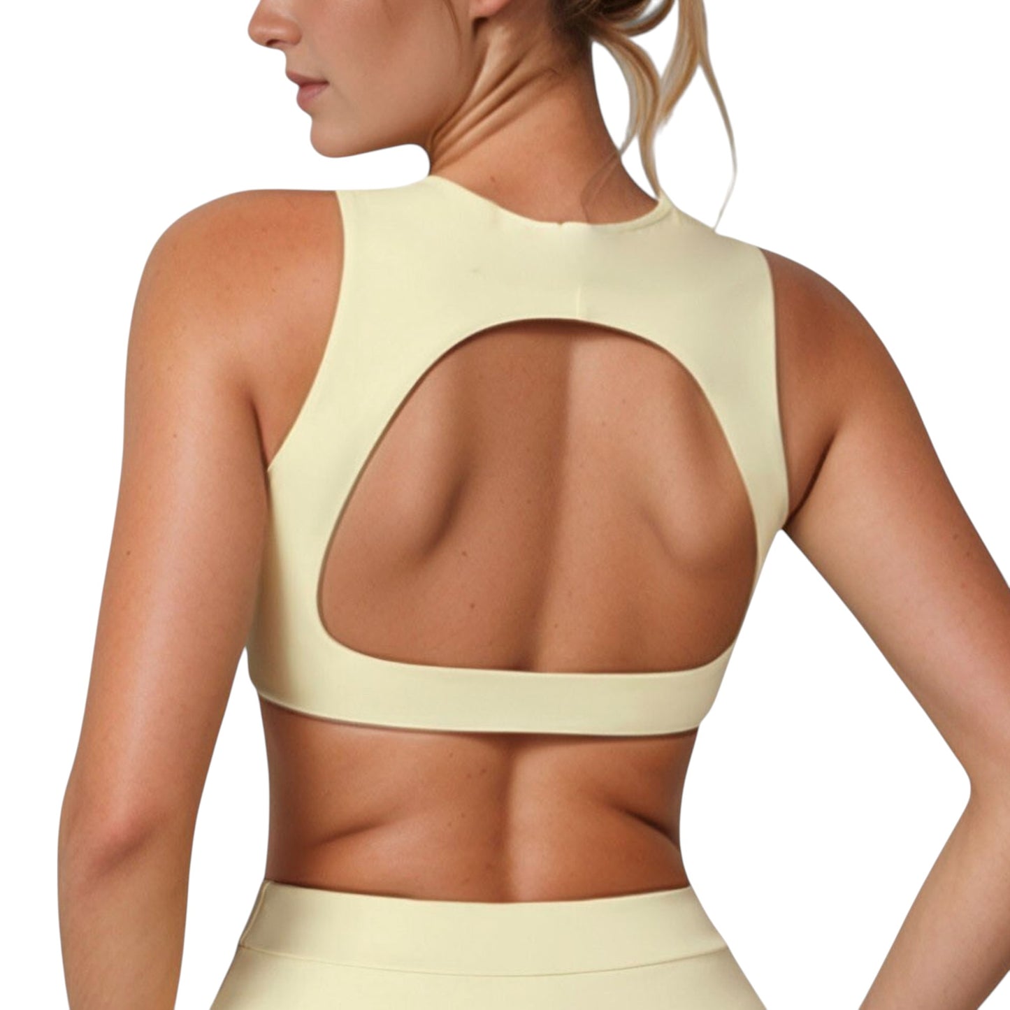High Neck Sports Bra with Cutout Back Detail and Wide Underband for Medium Support