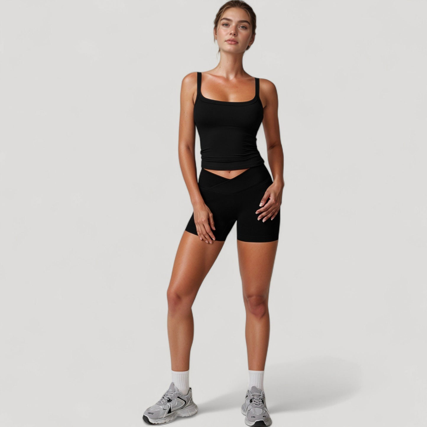 High Waist Seamless Ribbed Biker Shorts with Crossover Waistband and Compression Fit