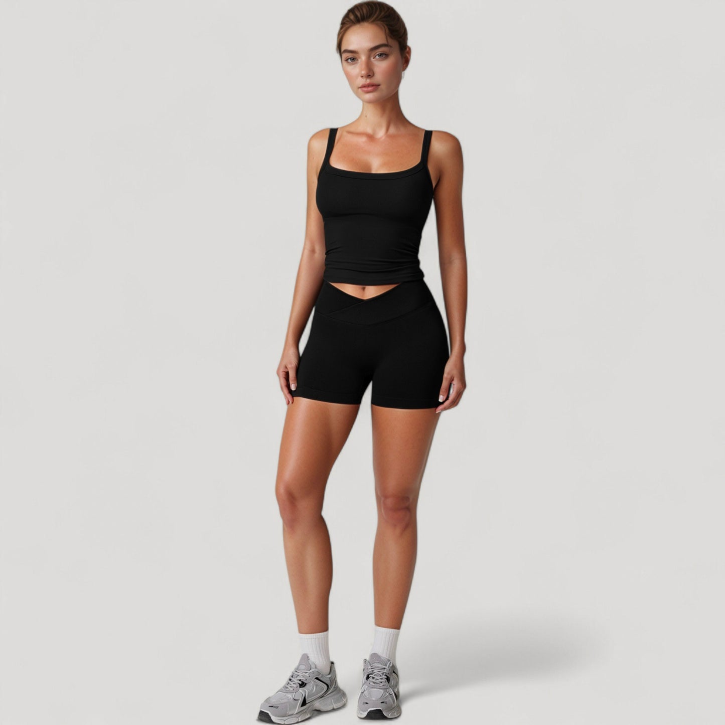 High Waist Seamless Ribbed Biker Shorts with Crossover Waistband and Compression Fit