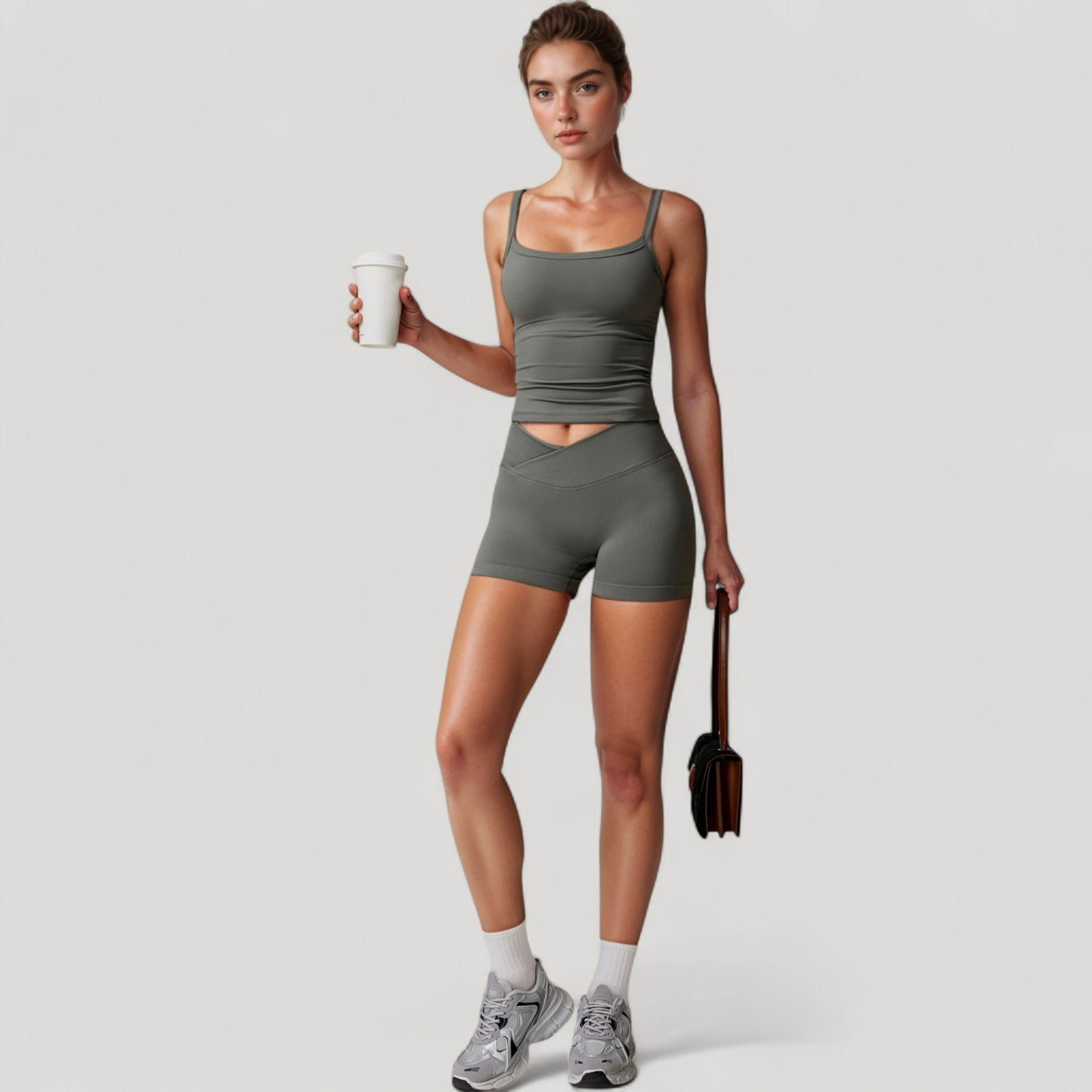 High Waist Seamless Ribbed Biker Shorts with Crossover Waistband and Compression Fit