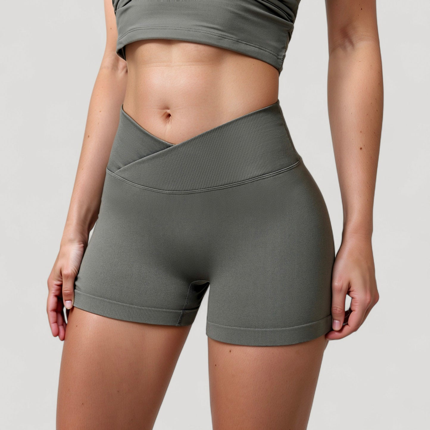 High Waist Seamless Ribbed Biker Shorts with Crossover Waistband and Compression Fit