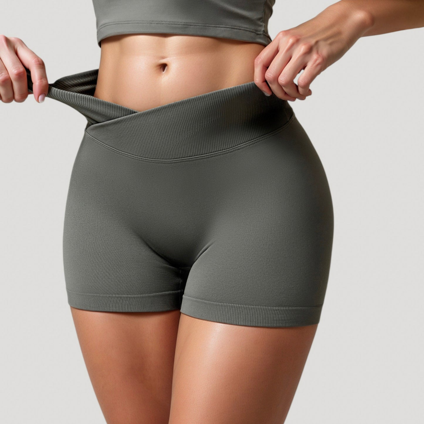 High Waist Seamless Ribbed Biker Shorts with Crossover Waistband and Compression Fit