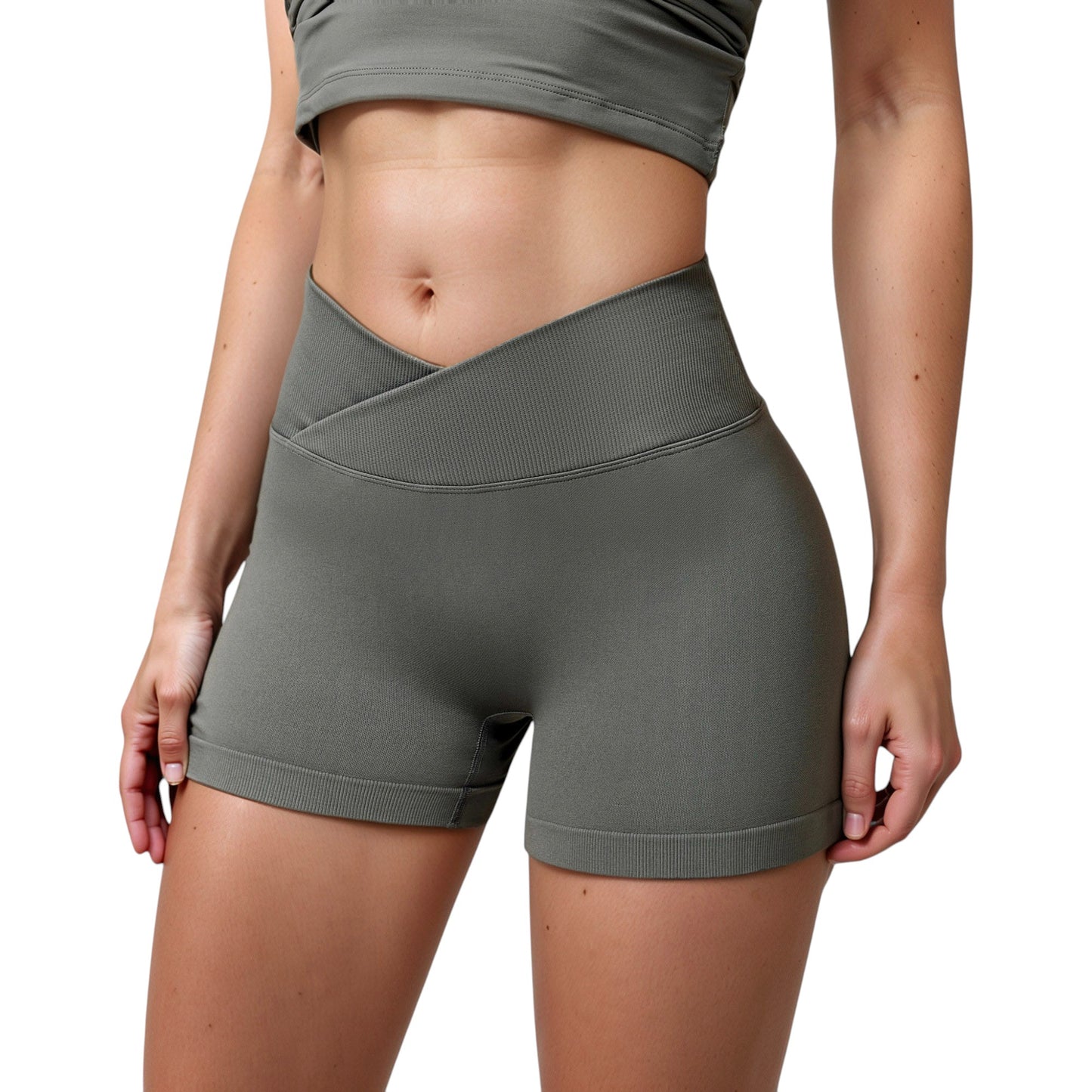 High Waist Seamless Ribbed Biker Shorts with Crossover Waistband and Compression Fit