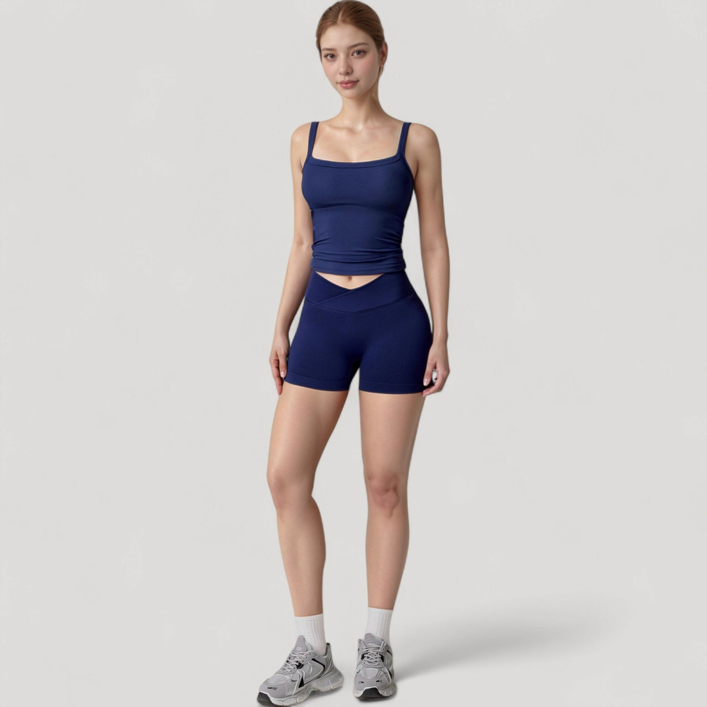High Waist Seamless Ribbed Biker Shorts with Crossover Waistband and Compression Fit