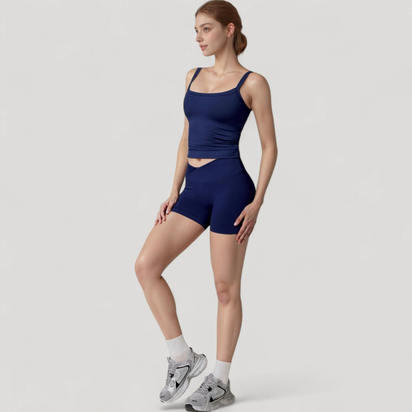 High Waist Seamless Ribbed Biker Shorts with Crossover Waistband and Compression Fit