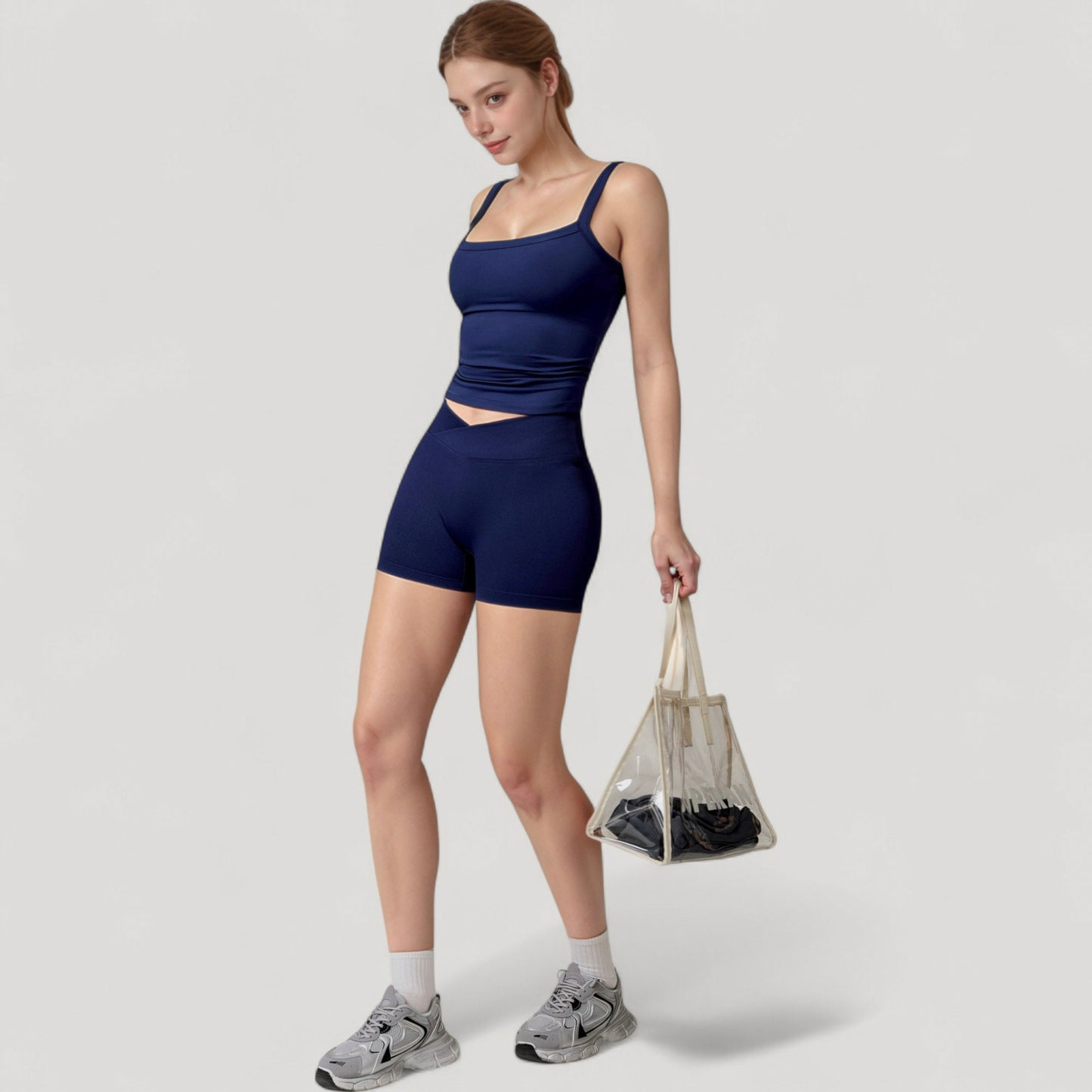 High Waist Seamless Ribbed Biker Shorts with Crossover Waistband and Compression Fit