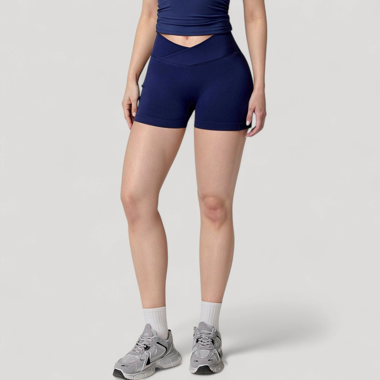 High Waist Seamless Ribbed Biker Shorts with Crossover Waistband and Compression Fit