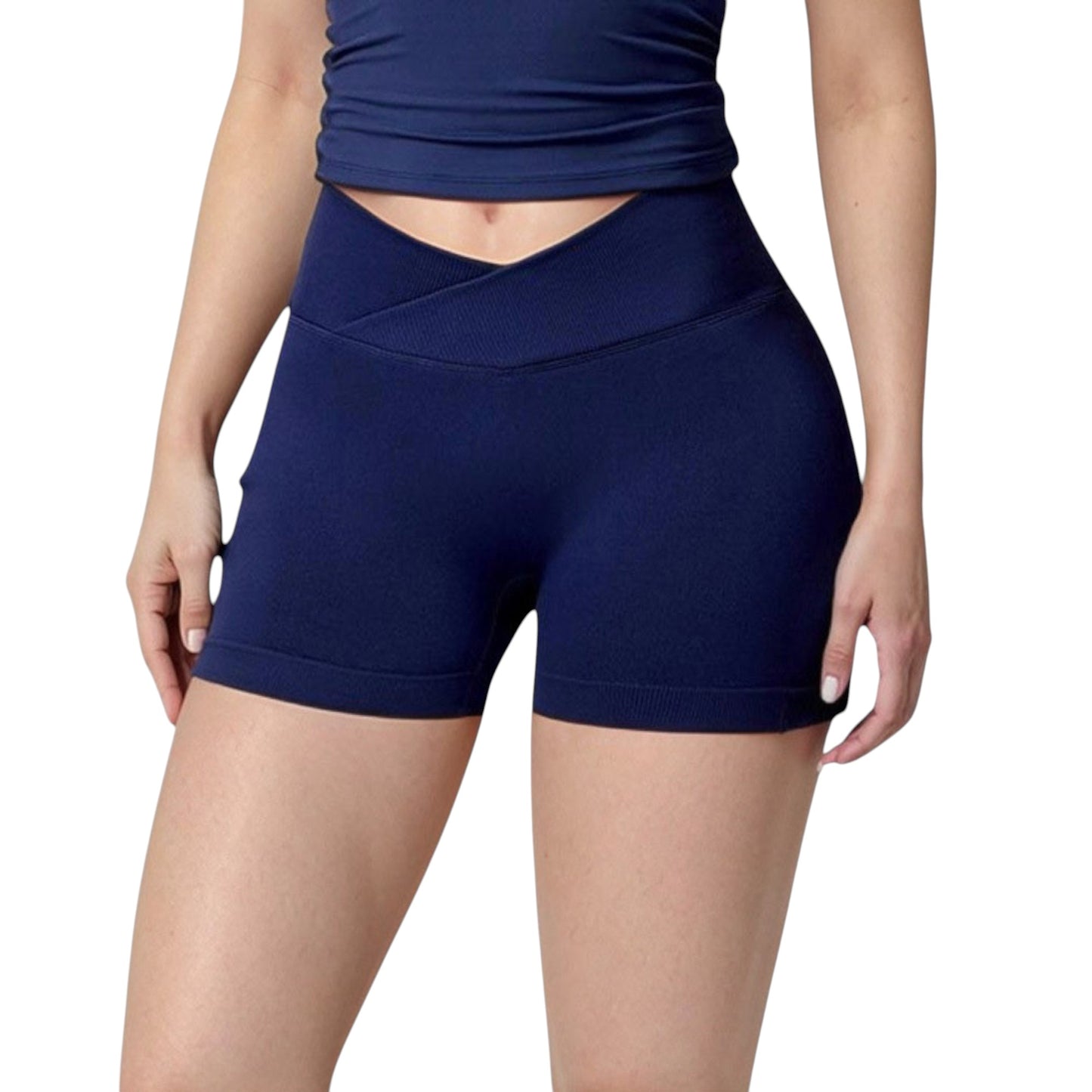 High Waist Seamless Ribbed Biker Shorts with Crossover Waistband and Compression Fit