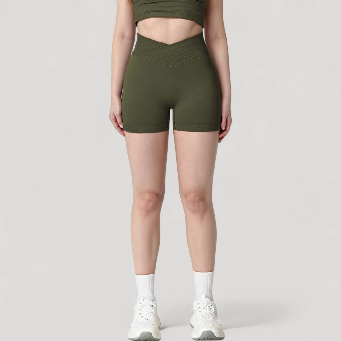 High Waist Seamless Ribbed Biker Shorts with Crossover Waistband and Compression Fit