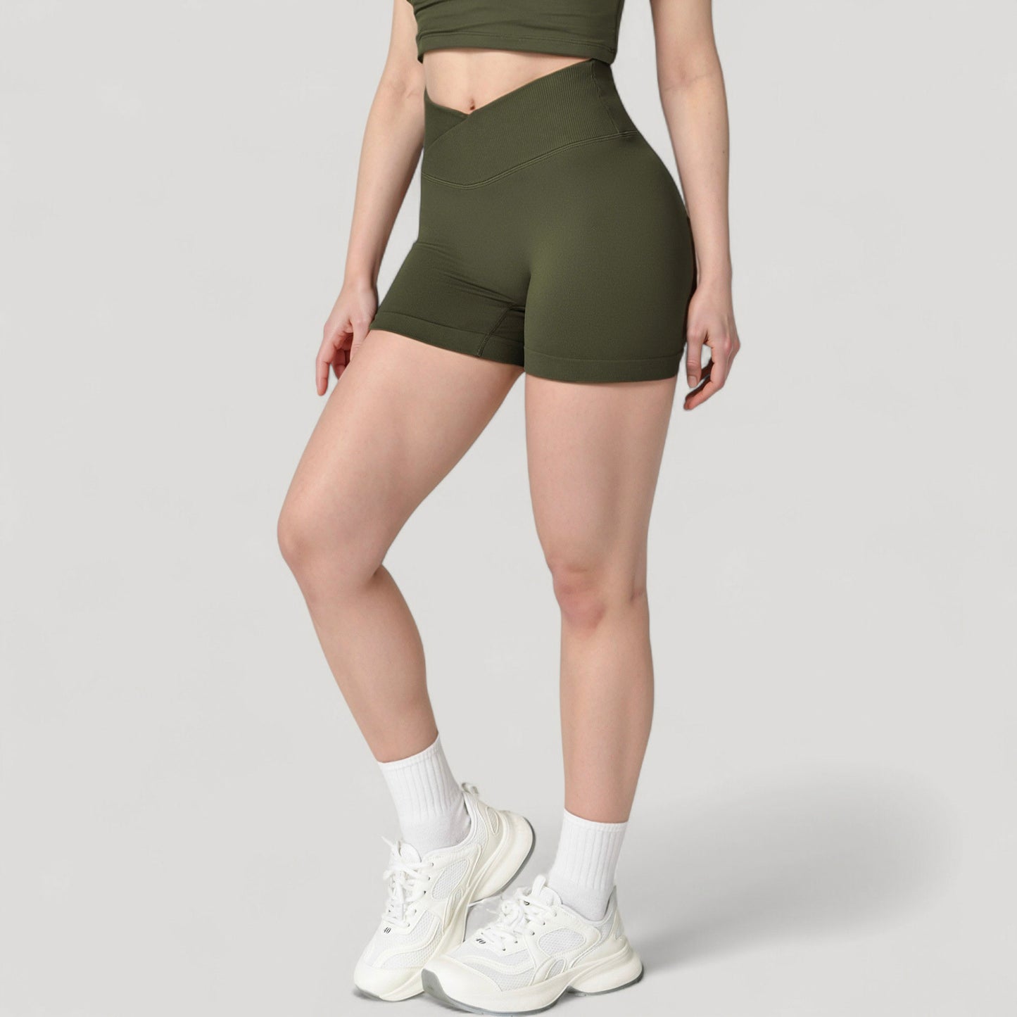 High Waist Seamless Ribbed Biker Shorts with Crossover Waistband and Compression Fit