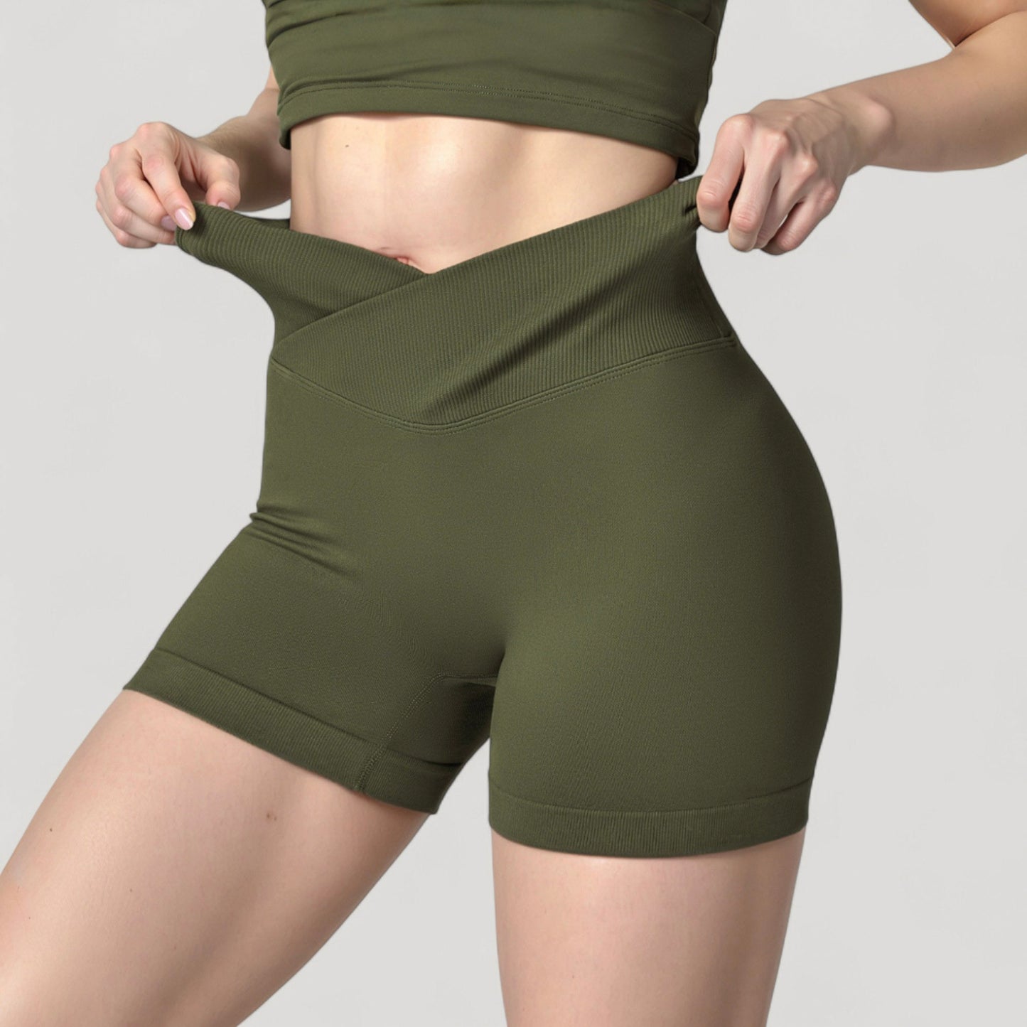 High Waist Seamless Ribbed Biker Shorts with Crossover Waistband and Compression Fit