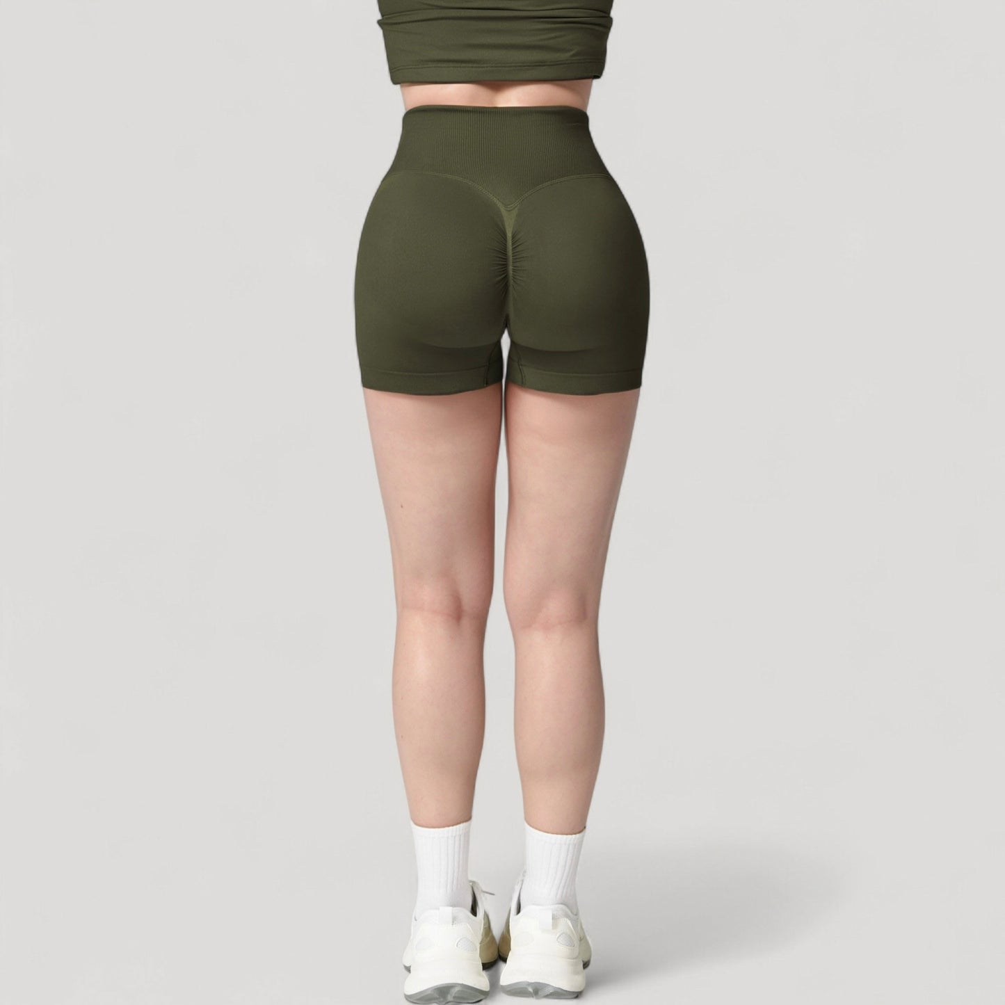 High Waist Seamless Ribbed Biker Shorts with Crossover Waistband and Compression Fit