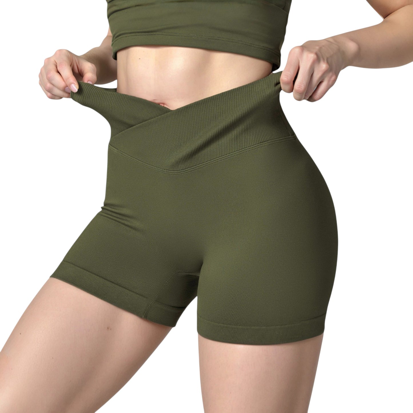 High Waist Seamless Ribbed Biker Shorts with Crossover Waistband and Compression Fit